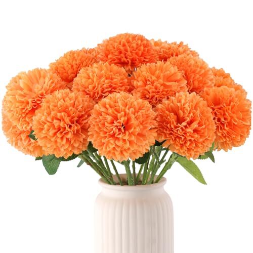 Pcs Artificial Chrysanthemums Flowers Ball Flowers Fake Mums Flowers 12 Orange
