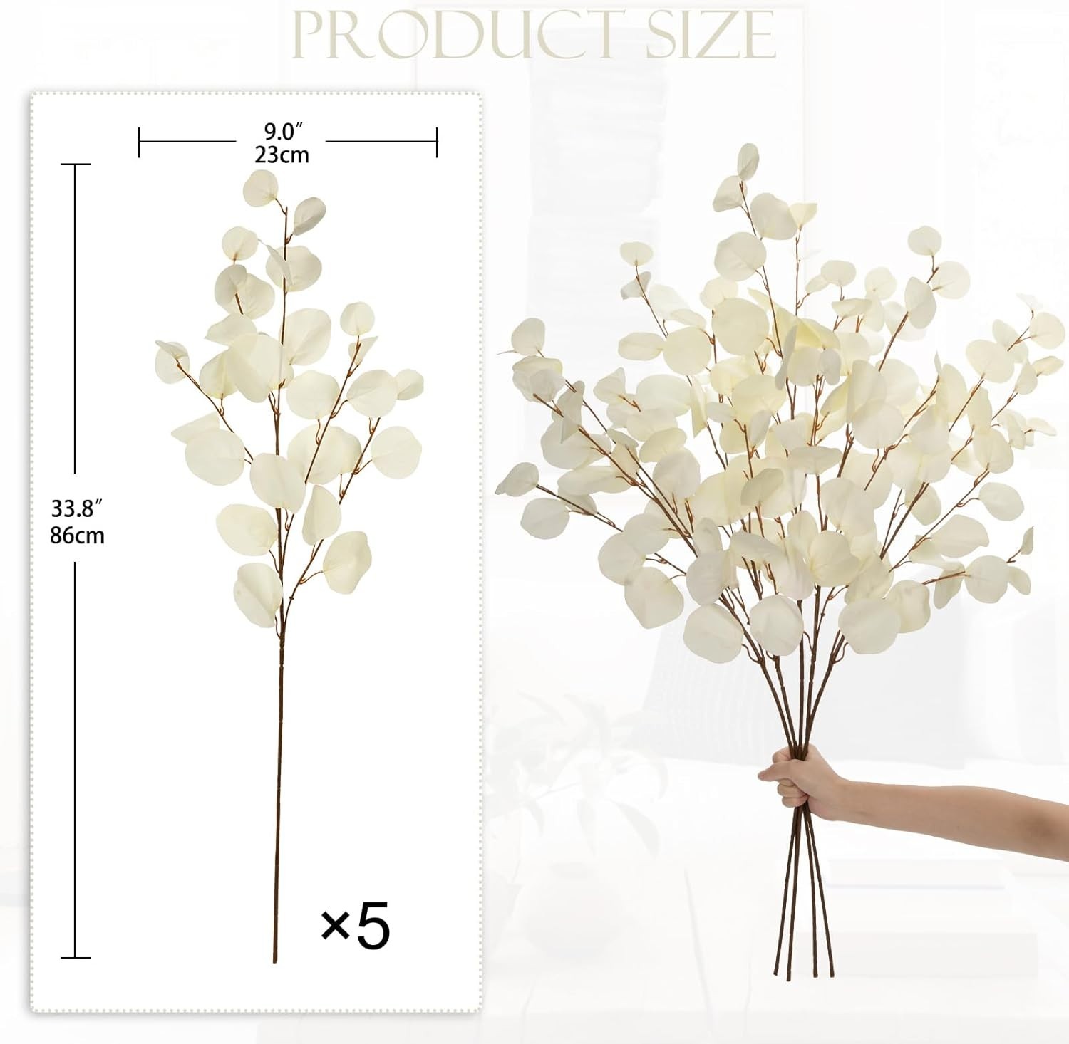 Cream White Eucalyptus Stems Fake Eucalyptu Leaves 34” Long Silver Dollar Lea…