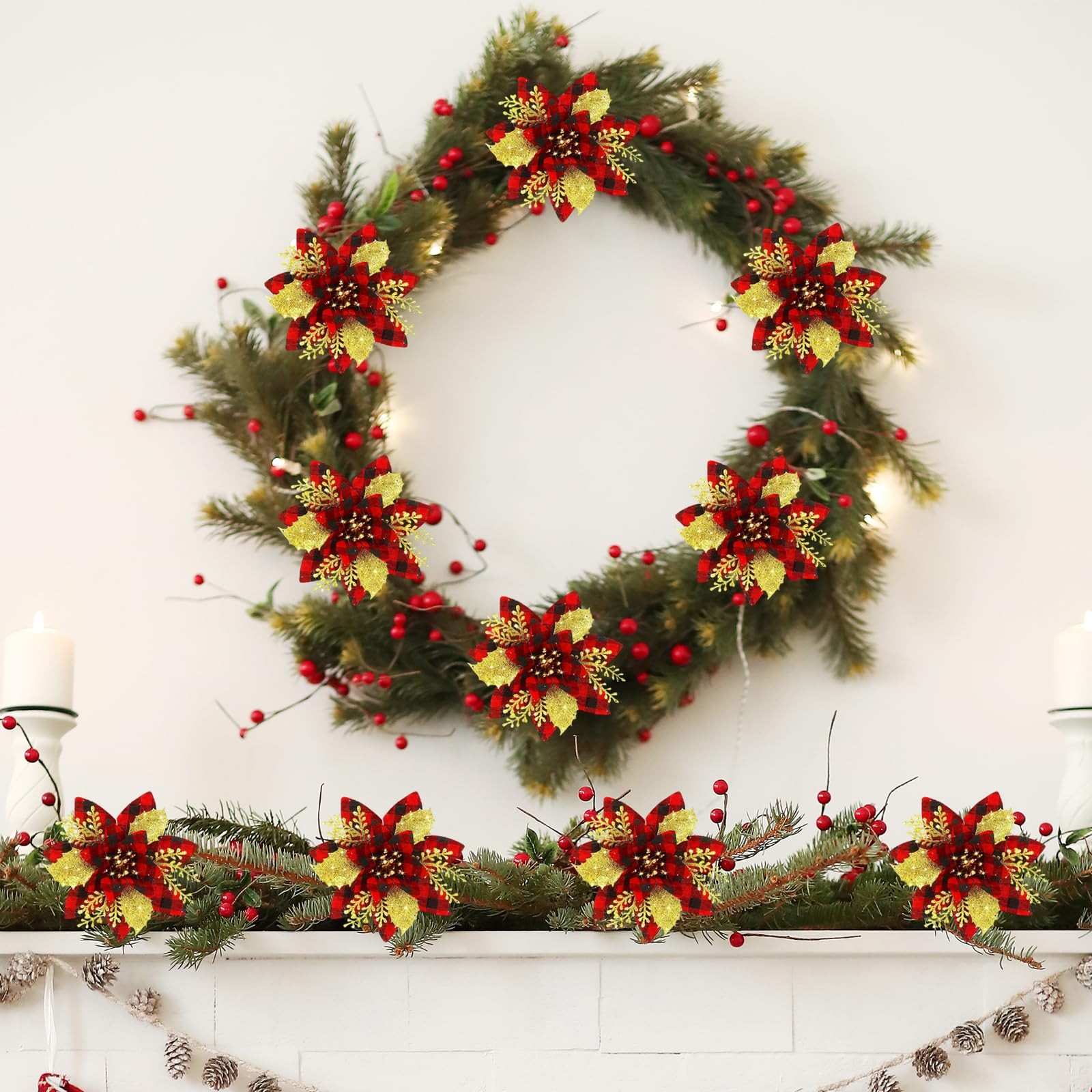 12 PCS Christmas Glitter Artificial Poinsettia Red Flowers Tree Decoration