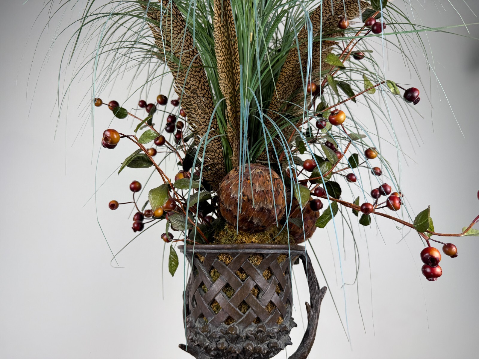 Rustic Stag Head Urn Faux Floral Arrangement Pheasant Feather Lodge Centerpiece