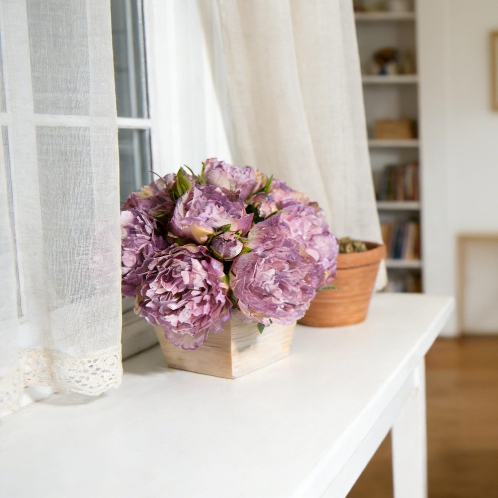 12 PCS Peonies Artificial Flowers Wood Pot Pink Silk Floral Bulk Planter