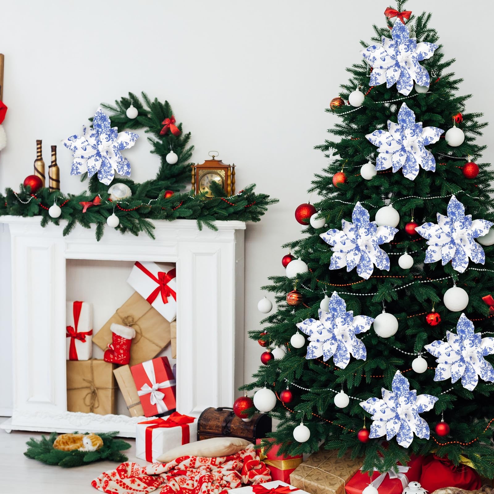 8 Pcs Chinoiserie Christmas Large Decorations for Tree 10.6 Inch Blue White C…