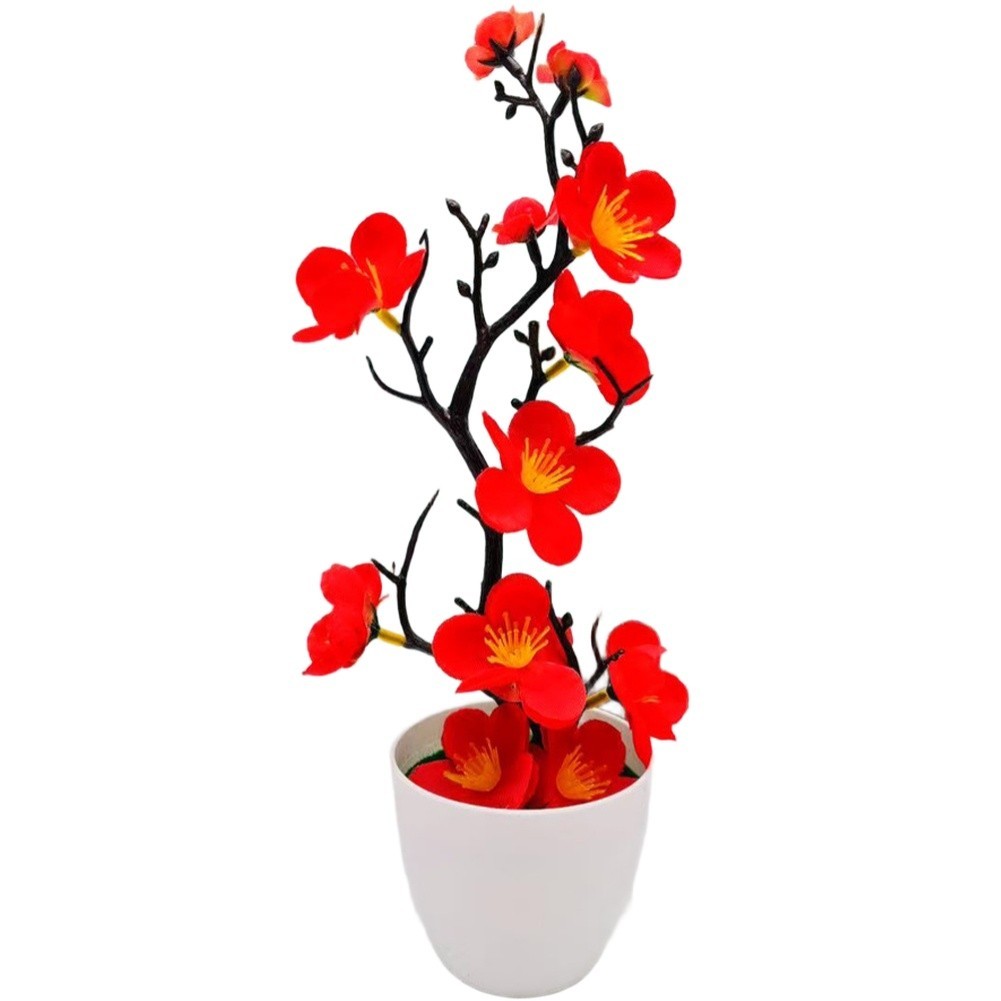 Plastic Artificial Bonsai with Mixed Color Plum Blossoms for Desk Centerpiece