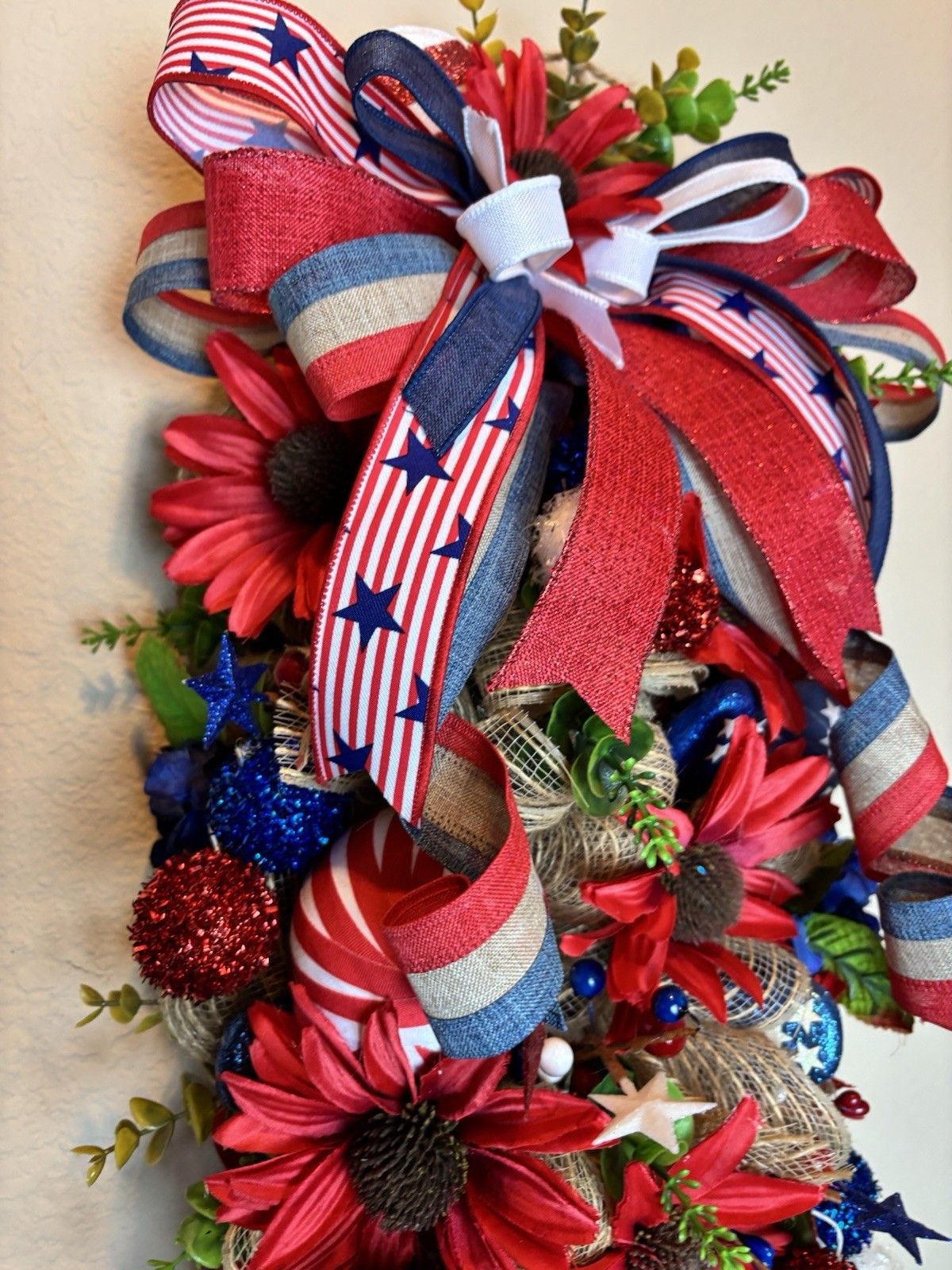 Patriotic Swag Wreath Red White Blue 4th July Door Decor Americana Bow