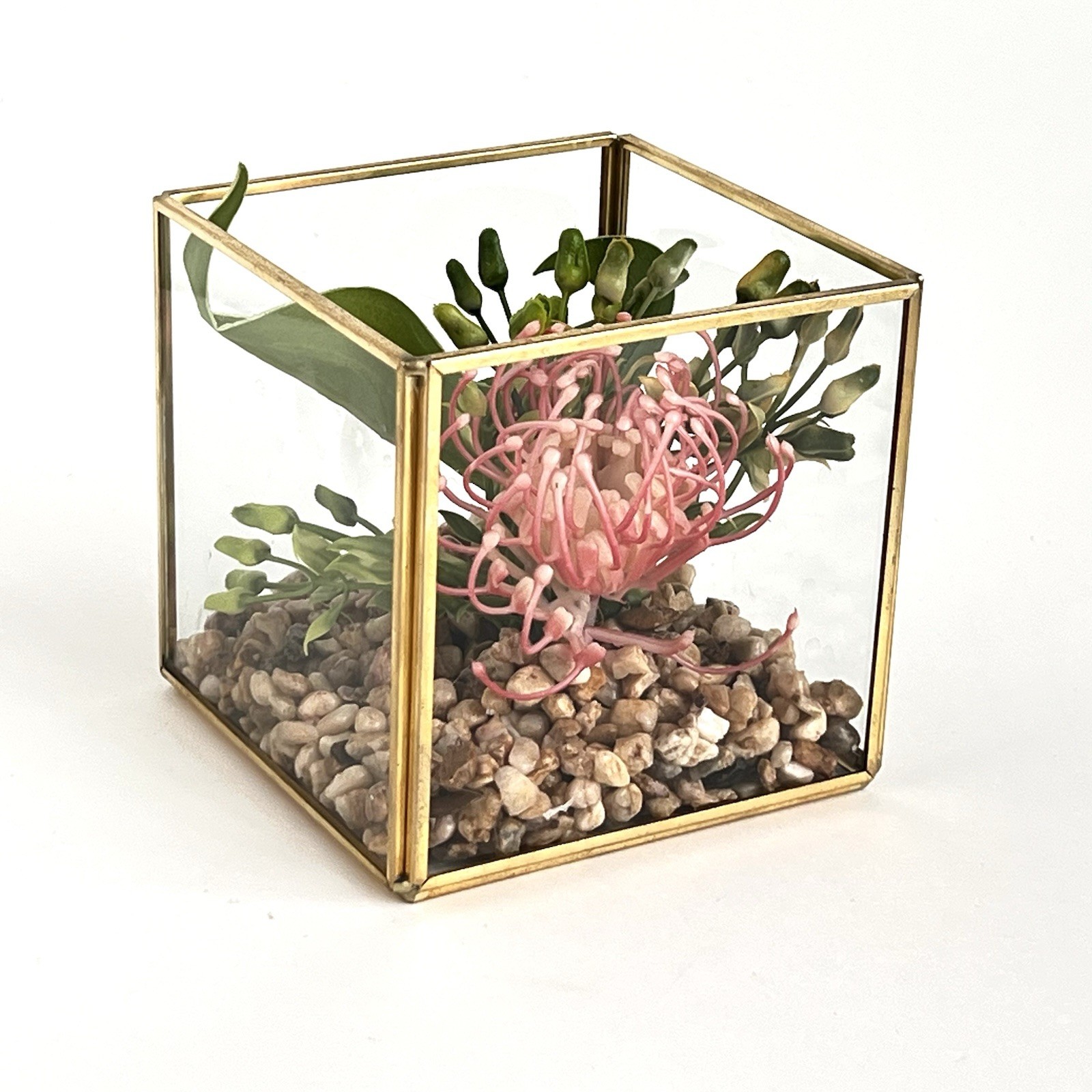 Geometric Square Terrarium Tabletop Planter Artificial Succulents 4” Brass