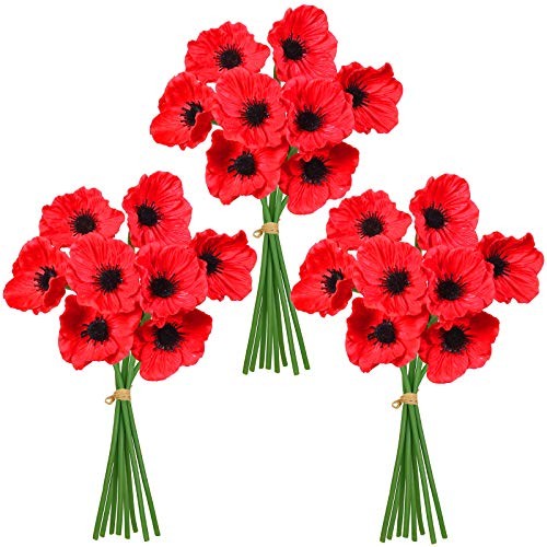 24 pcs Artificial Red Poppy Anemone Stems PU Real Touch Poppy Anemones Fake