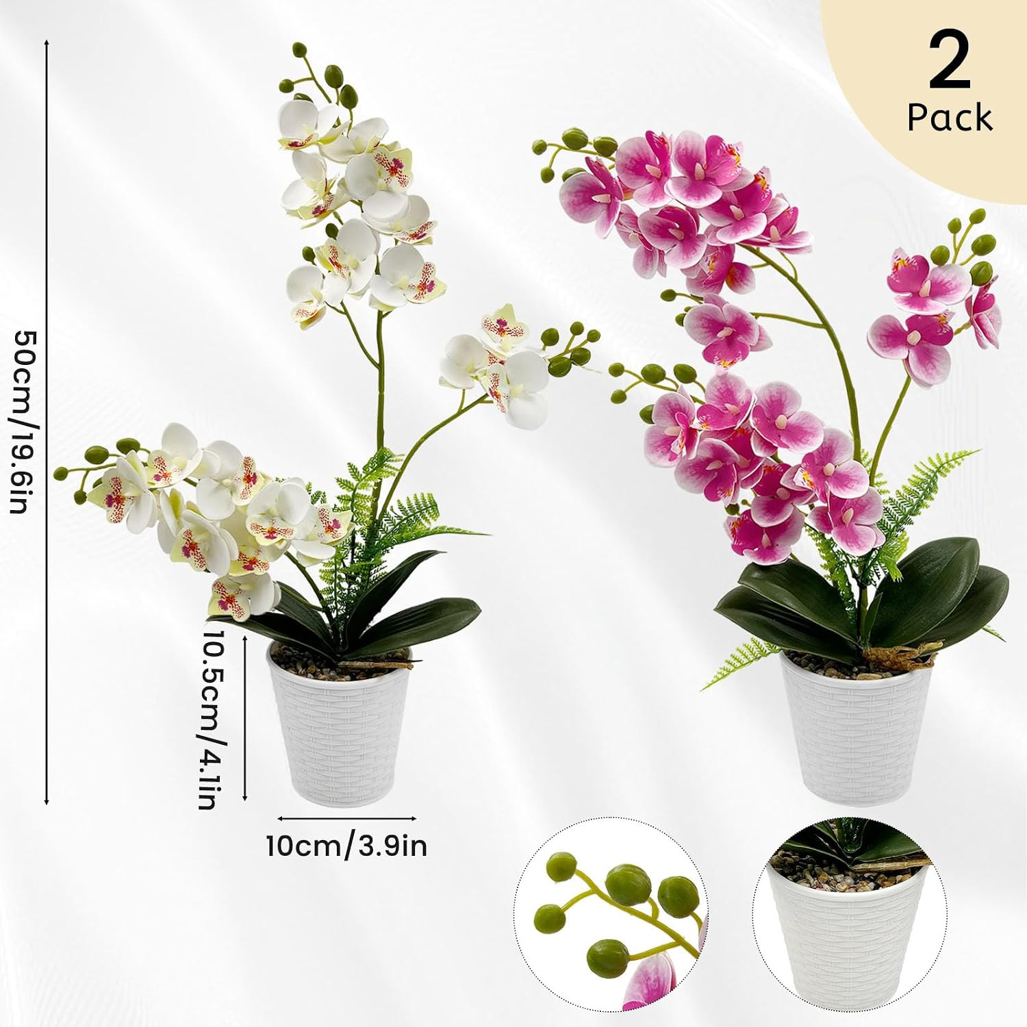 Potted Artificial Orchid Flowers – 2 Pack Silk Phalaenopsis for Home Decor
