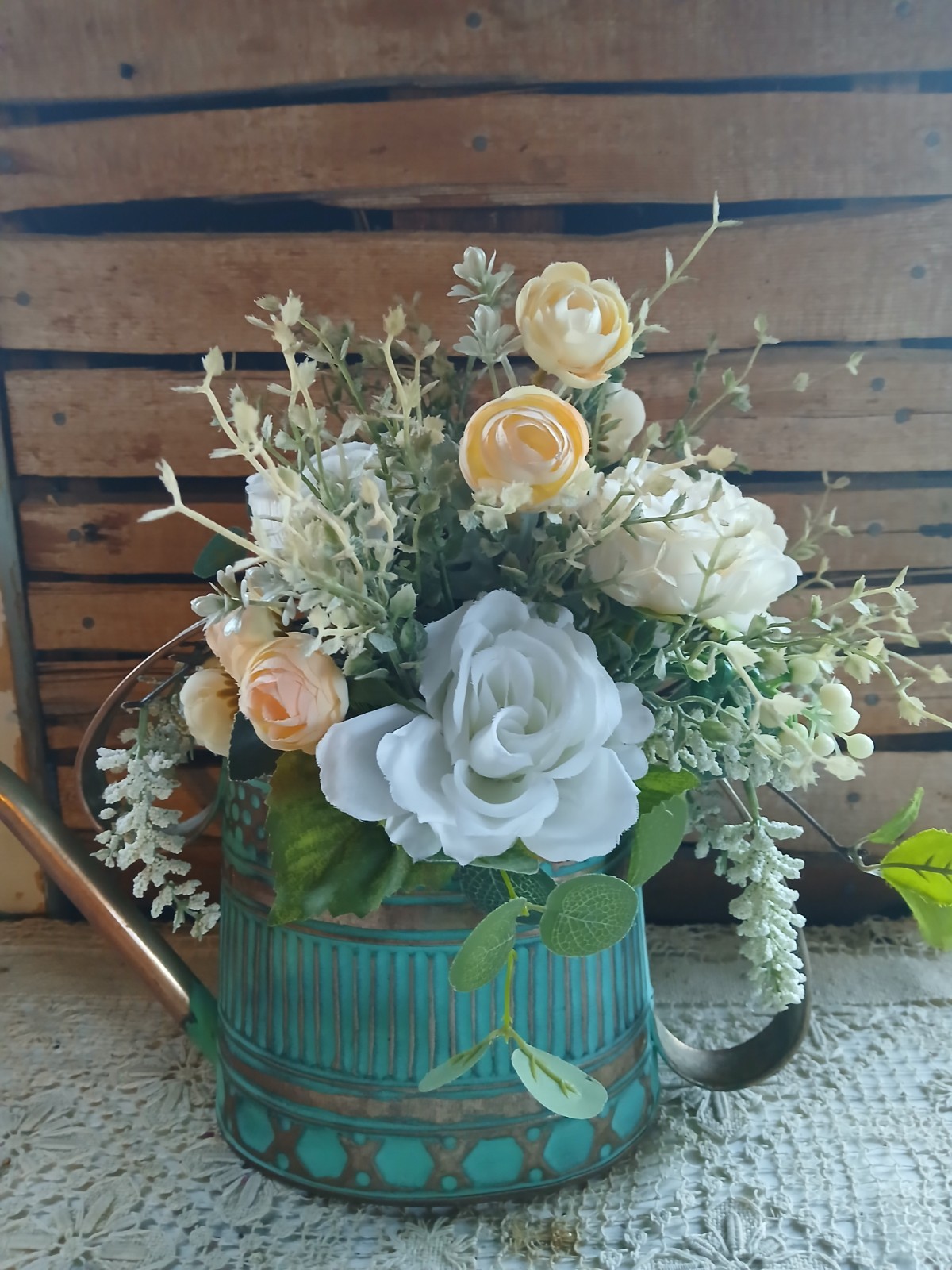 New Silk Flower Arrangement In Teal/Copper Watering Can. Peach, White/ Greens