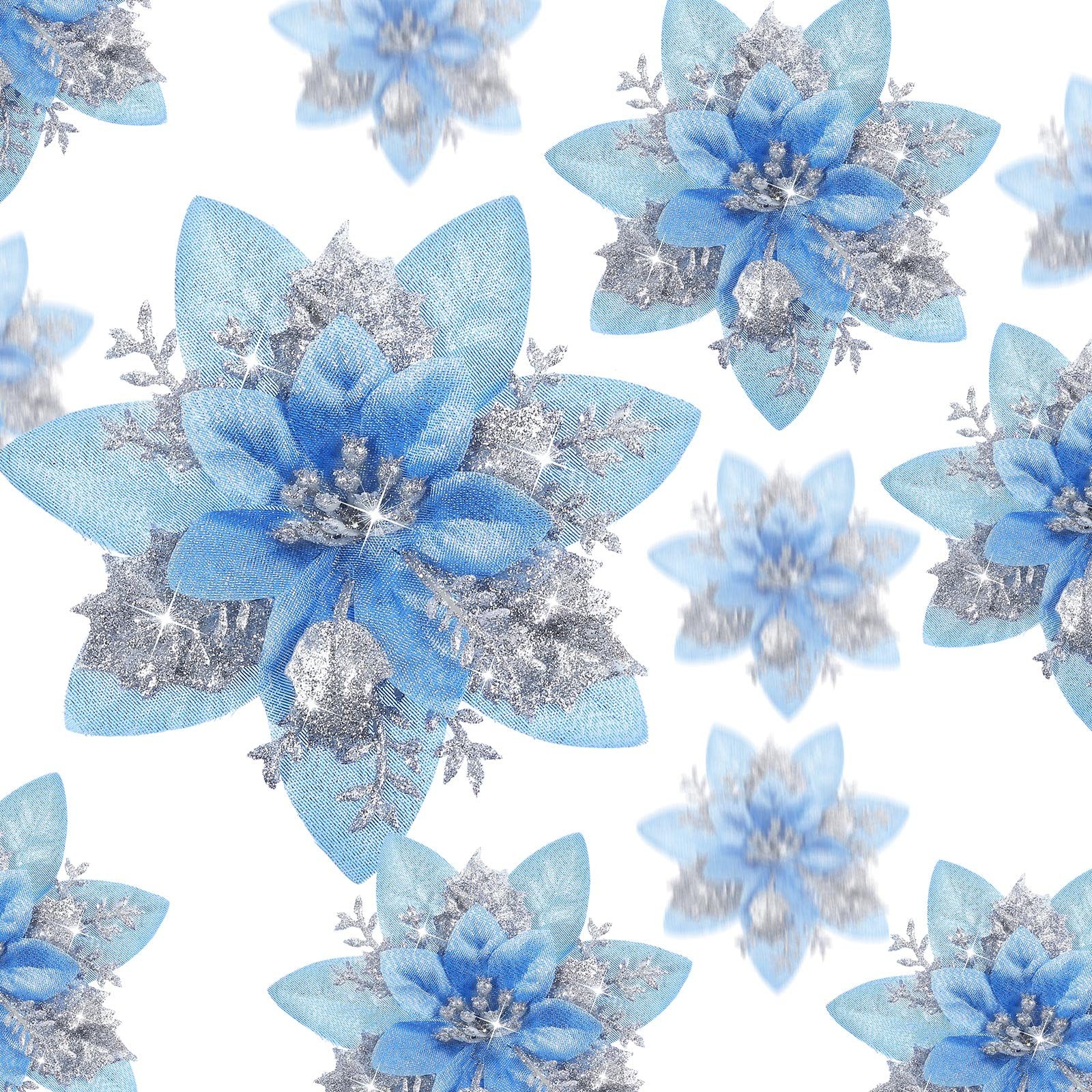 36 PCS Christmas Glitter Artificial Poinsettia Flowers Ornaments Silver Blue