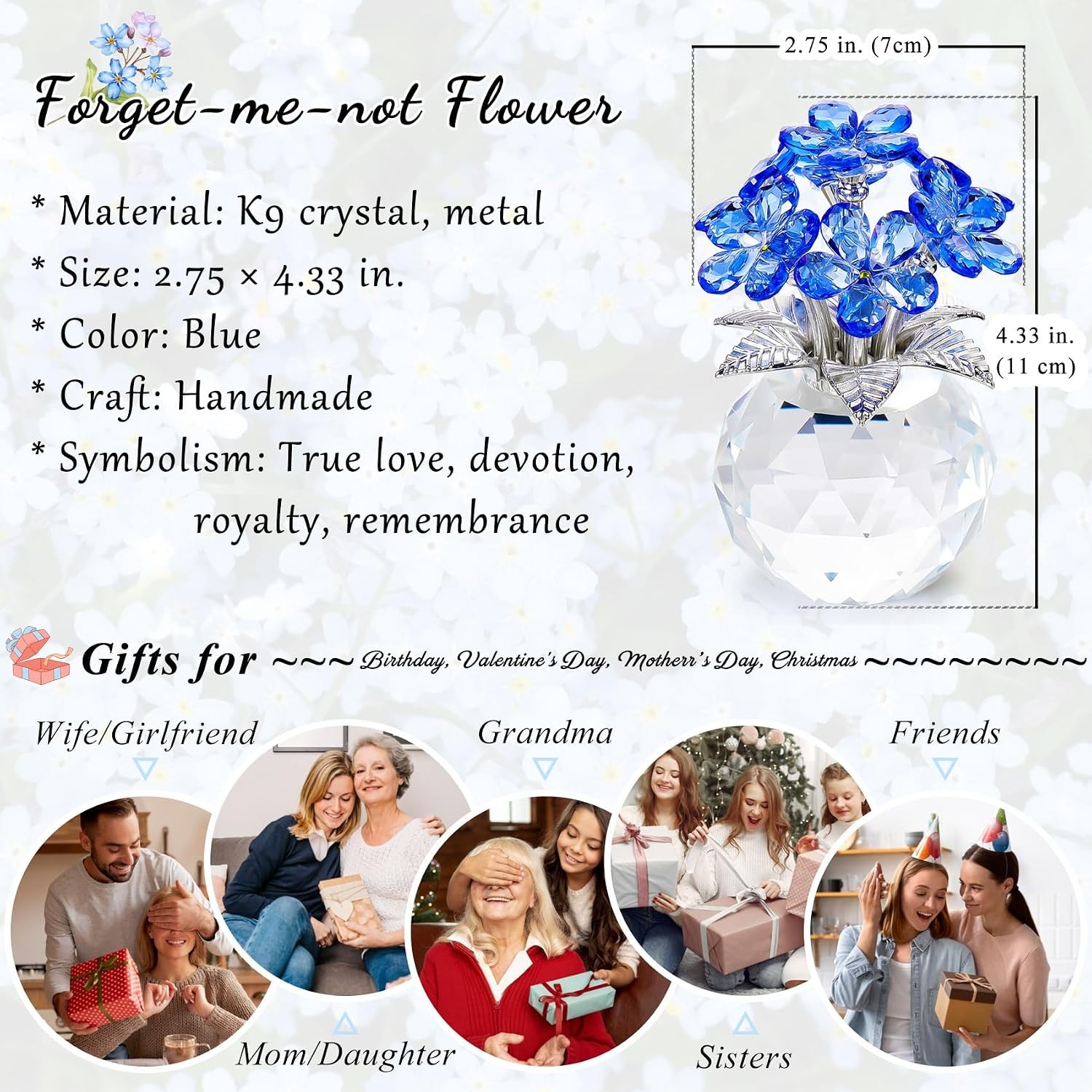 Blue Crystal Forget Me Not Handmade Glass Flower Bouquet Gift Centerpiece
