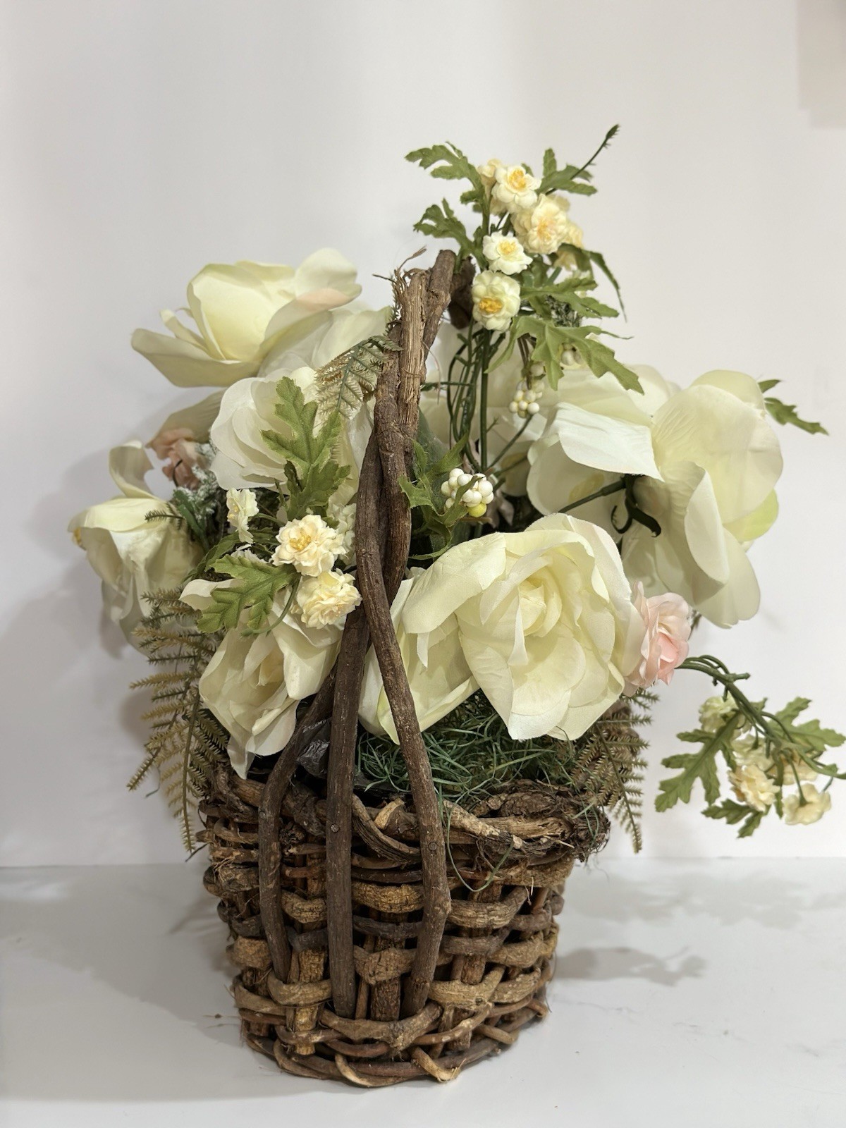 VTG Flower arrangement Rustic Twig Vine Handmade Basket Whimsical Centerpiece