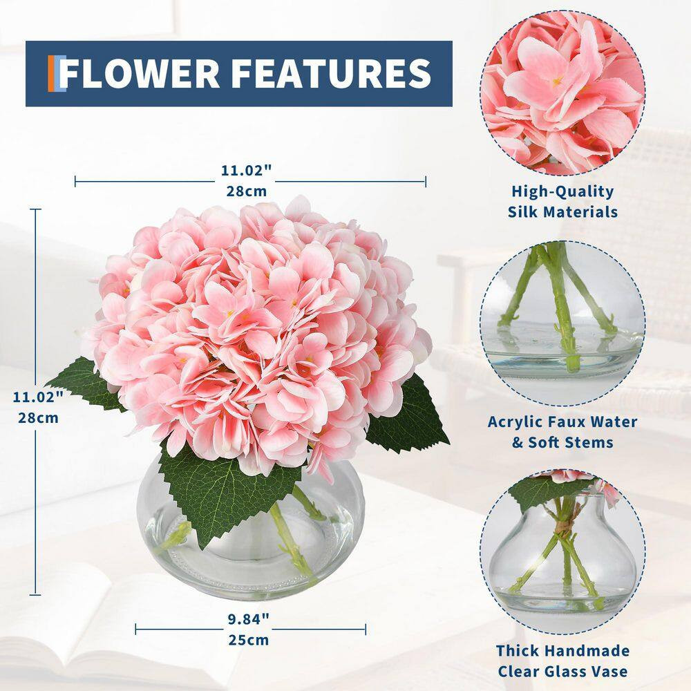 Artificial Hydrangea Flowers with Glass Vase and Fake Water for Home Table, Wedd