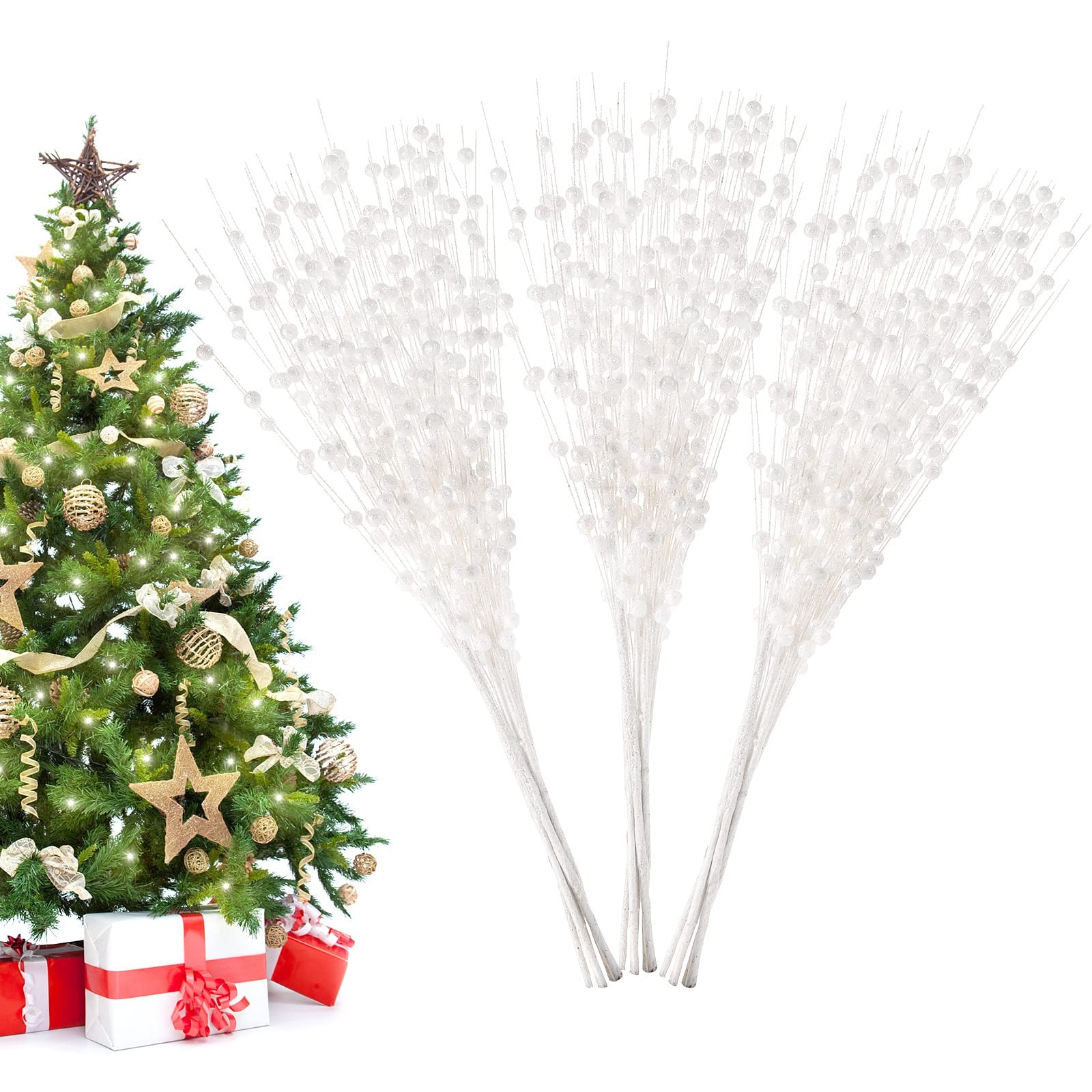Christmas Artificial Glitter Berry Stem Decorations Decorative Bead Sticks Xm…