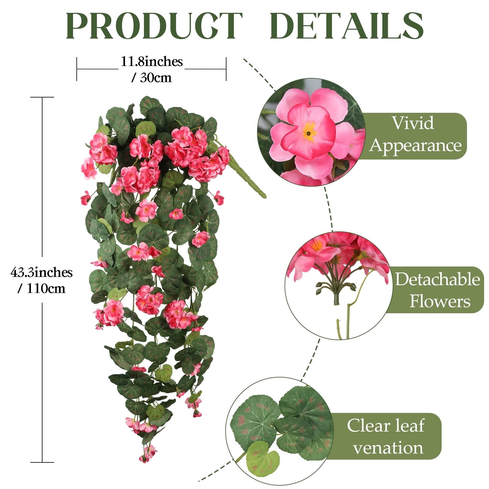 Pink Silk Geranium 43.3″ Artificial Hanging Flowers for Outdoors, UV Resistan…