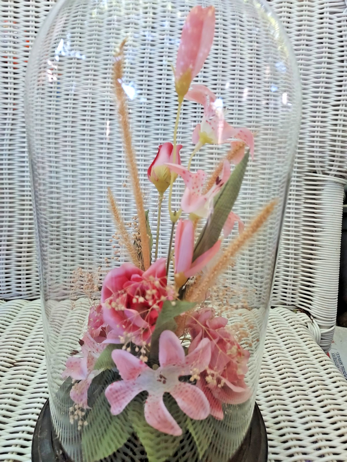 12″ Vintage Real Dried Flower Cloche Glass Dome Pink Silk Roses Lilies Butterfly