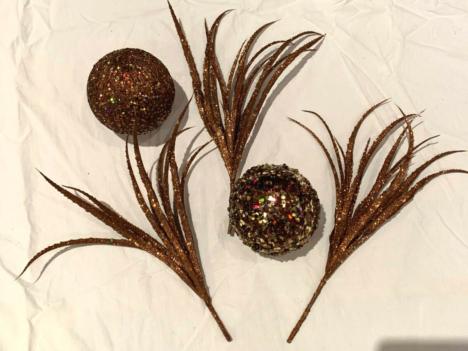 Bronze Gold Swag 2 Orbs 3 Feather Floral Picks Balls Sparkle Holiday Decorating