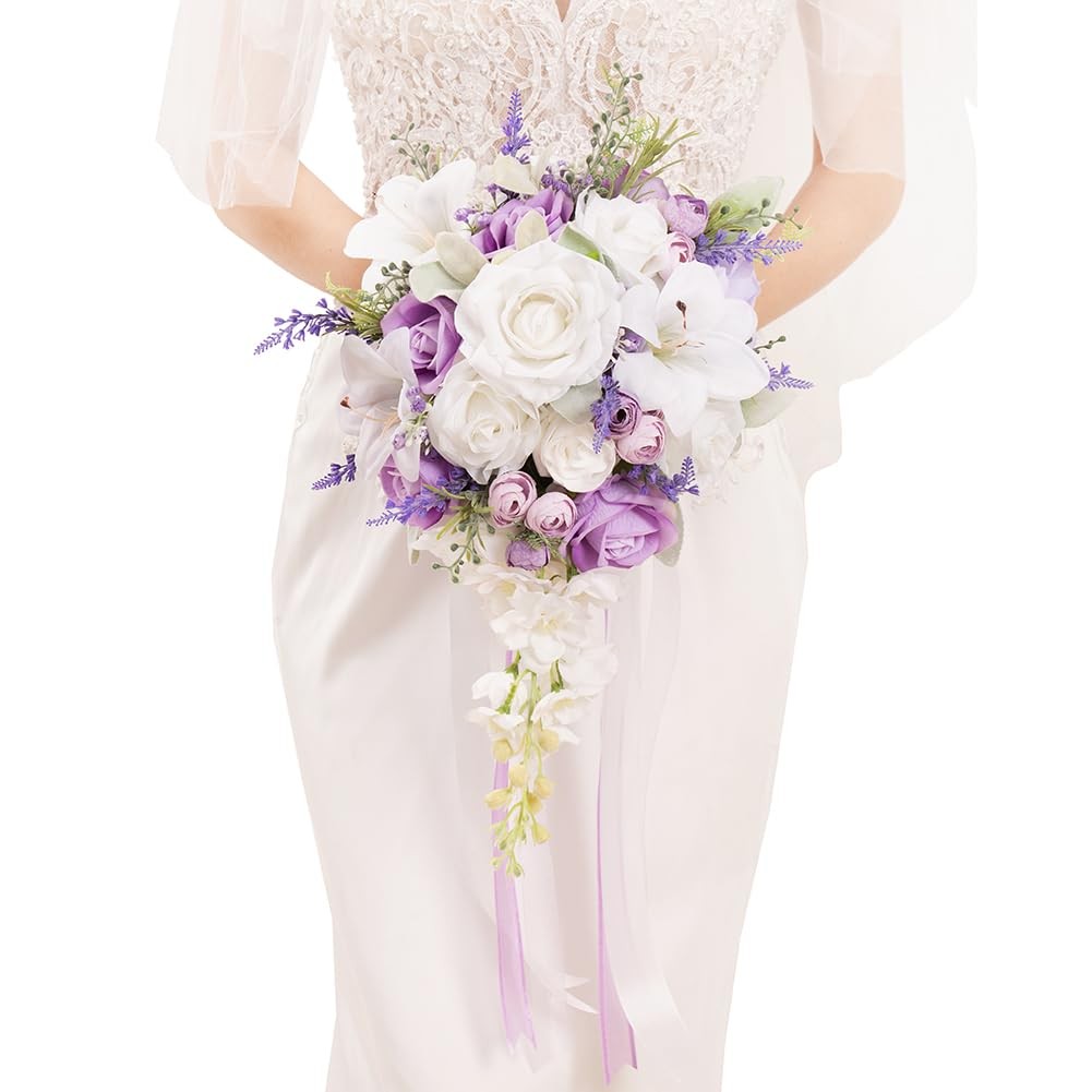 Floinla Bridal Bouquet Cascading, Lilac Purple & White Wedding Bouquets for B…
