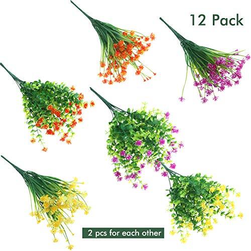 12 Bundles Artificial Flowers Outdoor, UV Resistant Yellow, Orange, Fuchsia
