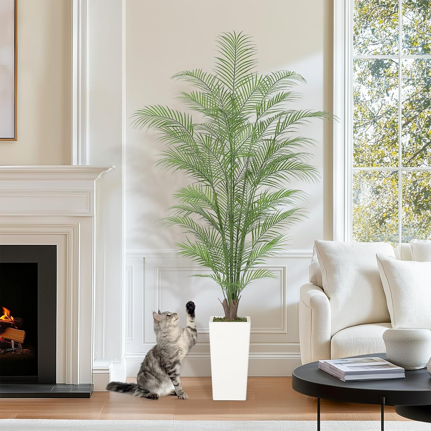 6 Ft Faux Areca Palm Tree with Realistic Leaves & White Pot – 2 PCS