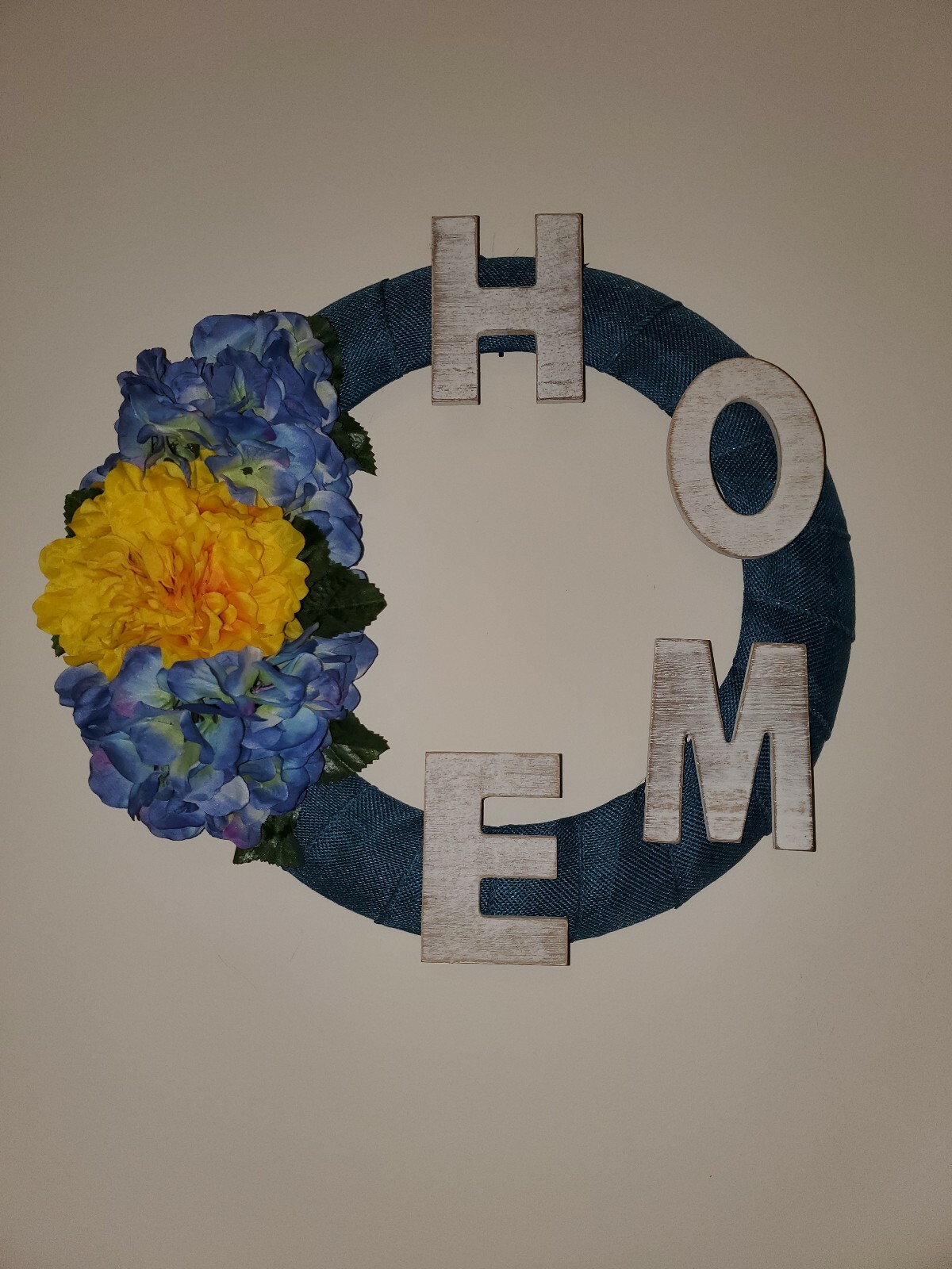 HOME blue teal FLOWERS Hydrangeas burlap WREATH FALL autumn Decor Front Door 15″