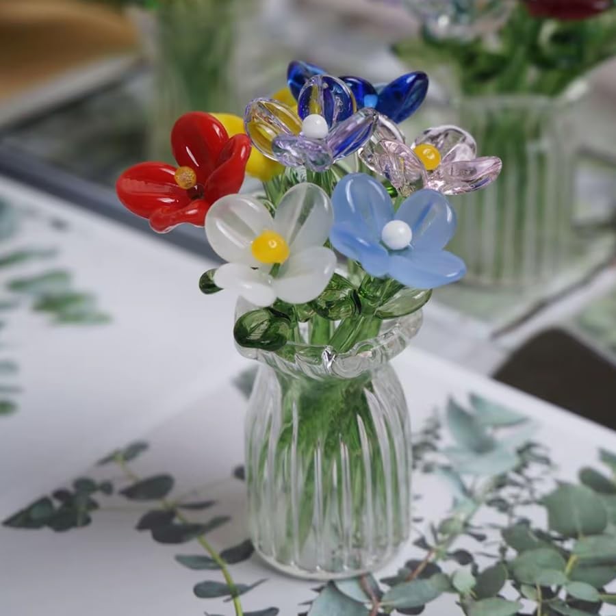 8Pcs Hand Blown Glass Mini Flowers Bouquet Colorful Tiny Glass Daisy Flower w…