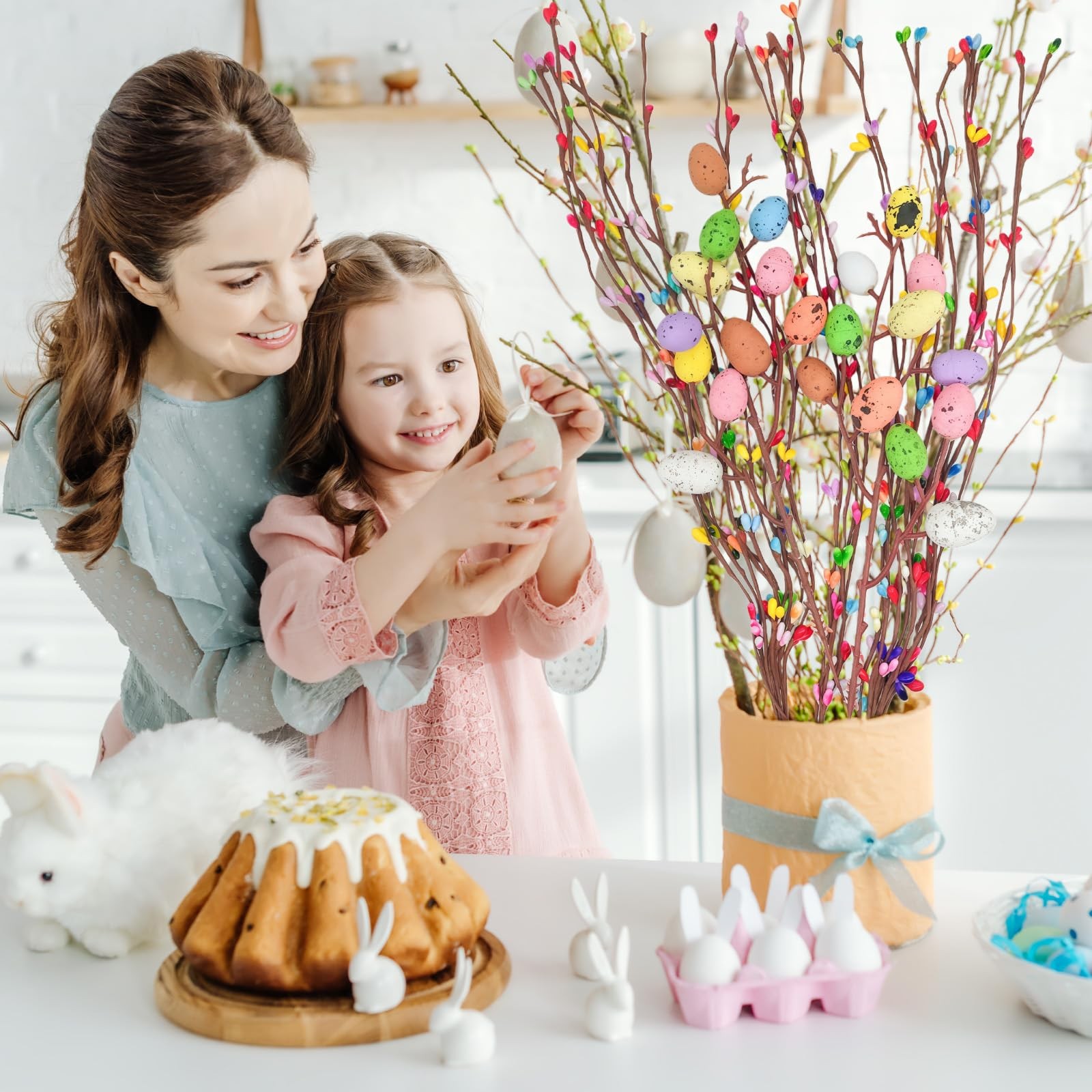 26Pcs 40cm Artificial Easter Spray Vine with Colorful Eggs and Fan-Shaped Eas…