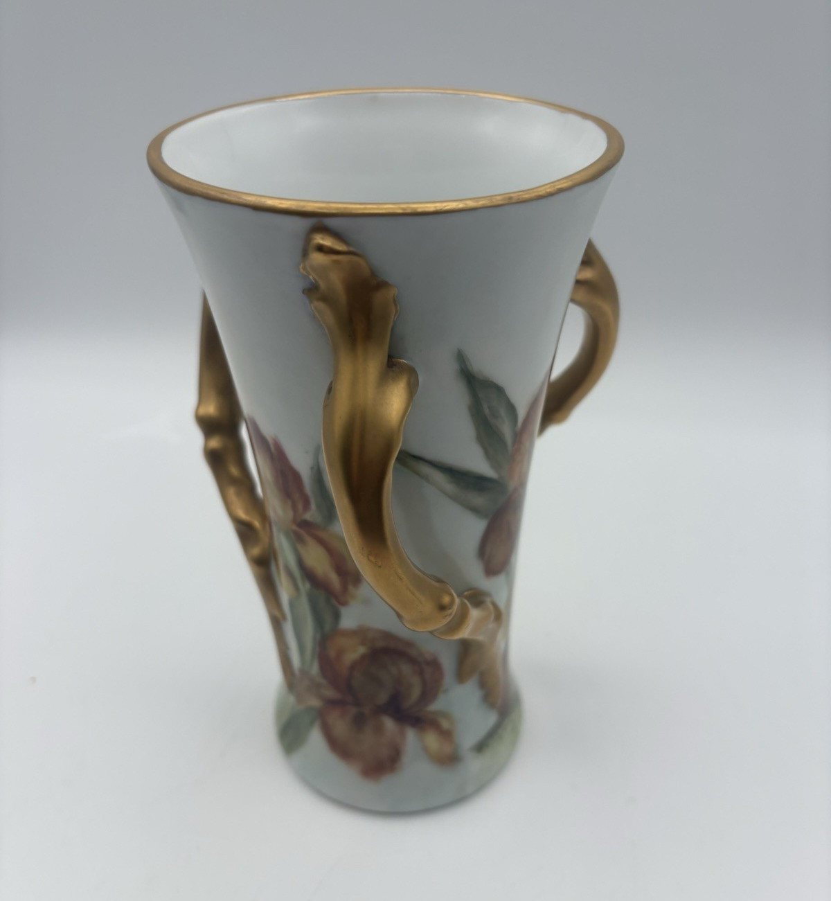 White Ceramic Floral vase with Gold Trim triple Handles, Pink Green Flowers