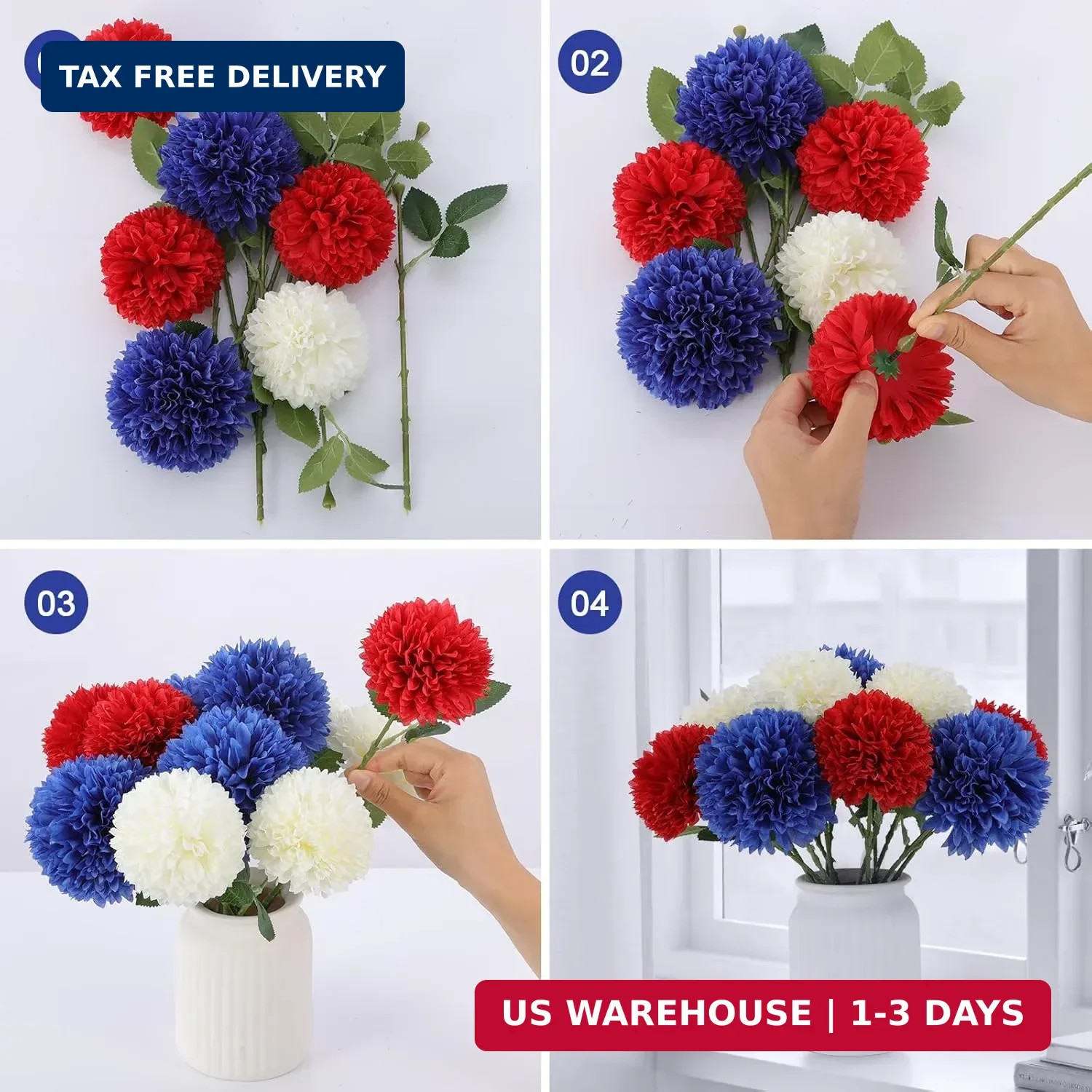 Hananona 12 Pcs Artificial Chrysanthemums Flowers Patriotic Flower, 4th of July