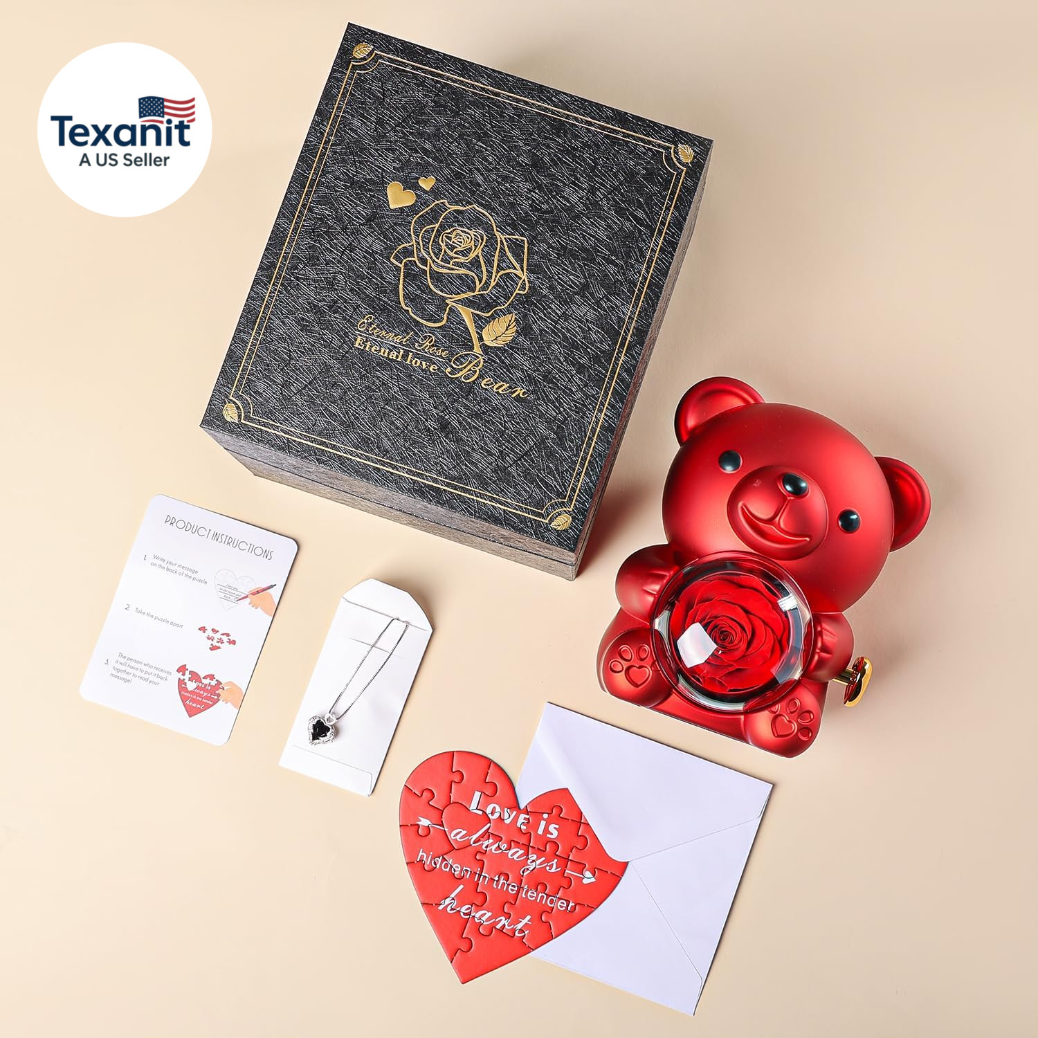 Cute Teddy Bear with Preserved Rose – a Real Rose Flower in Bear with Elegant Gi