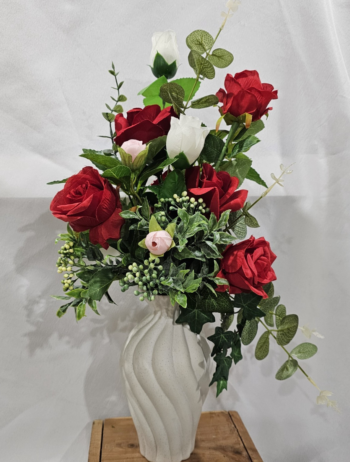 Artificial Red Rose w/white Florwer Arrantement 7″ white vase Total 18″x9 12″