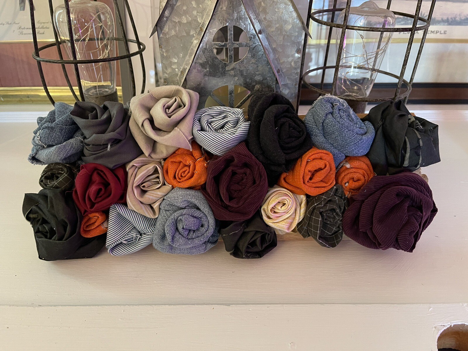 Handmade Decorative Shelf Sitter- Fabric Roses On wood 15 X 6