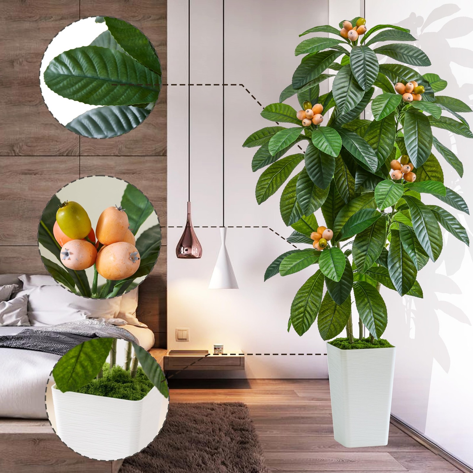 TXABL Artificial Fruit Tree 5FT, Fake Loquat Tree Indoor White Tall Planter