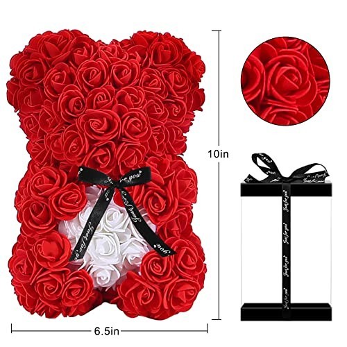 Cute Rose Teddy Bear Gift for Mom – Adorable 10″ Plush Bear in Clear Box – Perfe