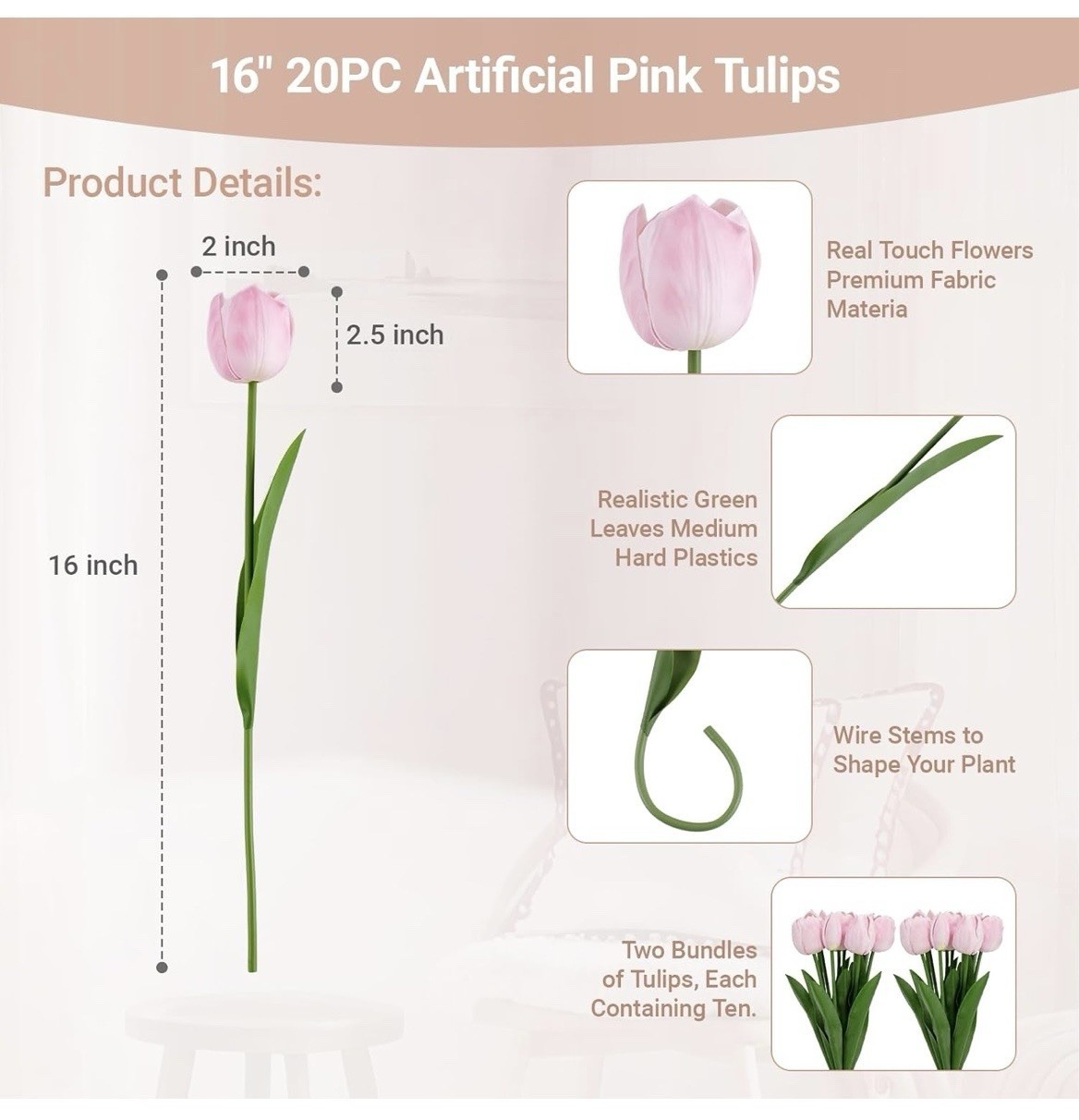16in Artificial Pink Tulip Flower Bouquet Bunch w/ Wire Stems Fabric Plastic