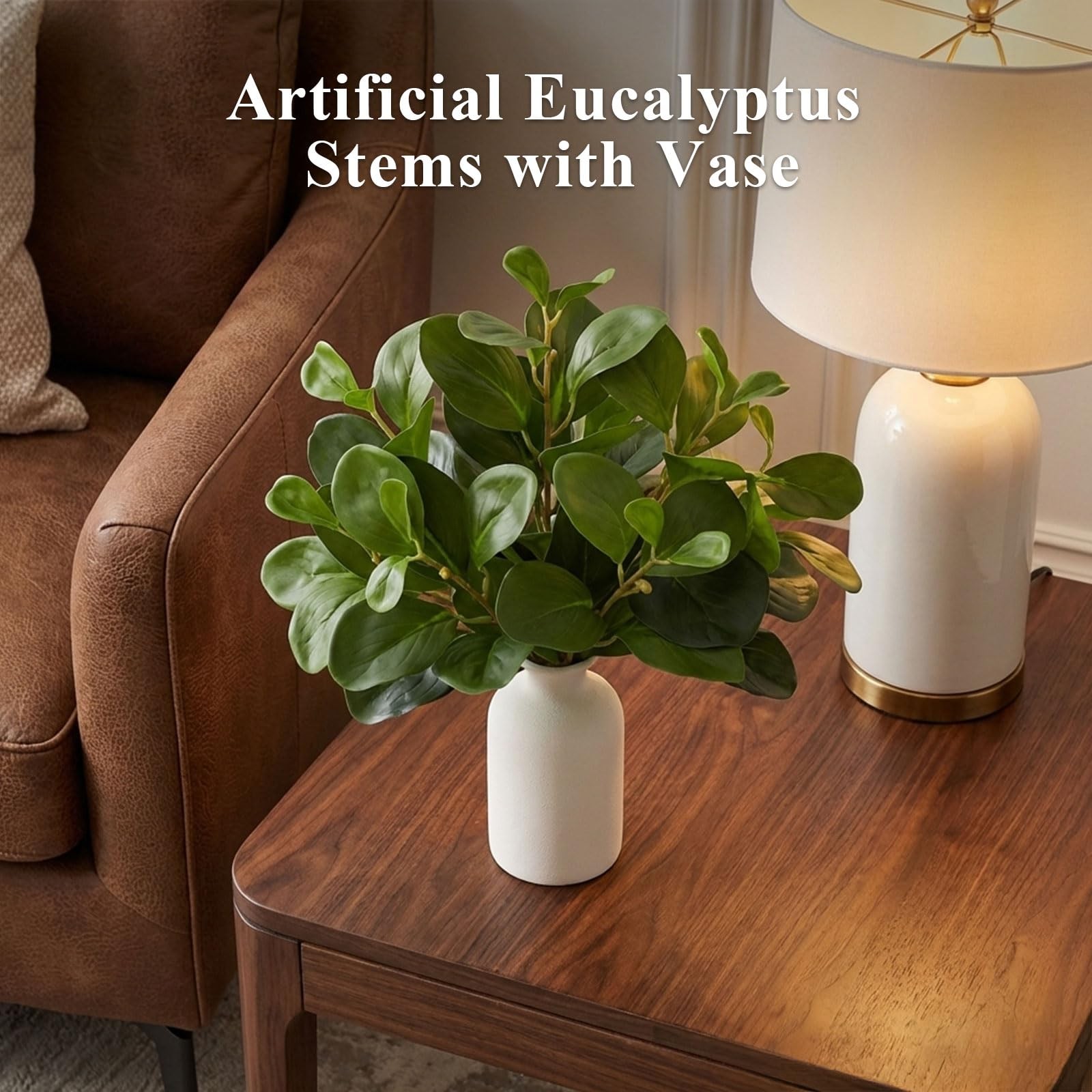 14.5″ Artificial Small Potted Plants Faux Eucalyptus Stems with Ceramic Vase …