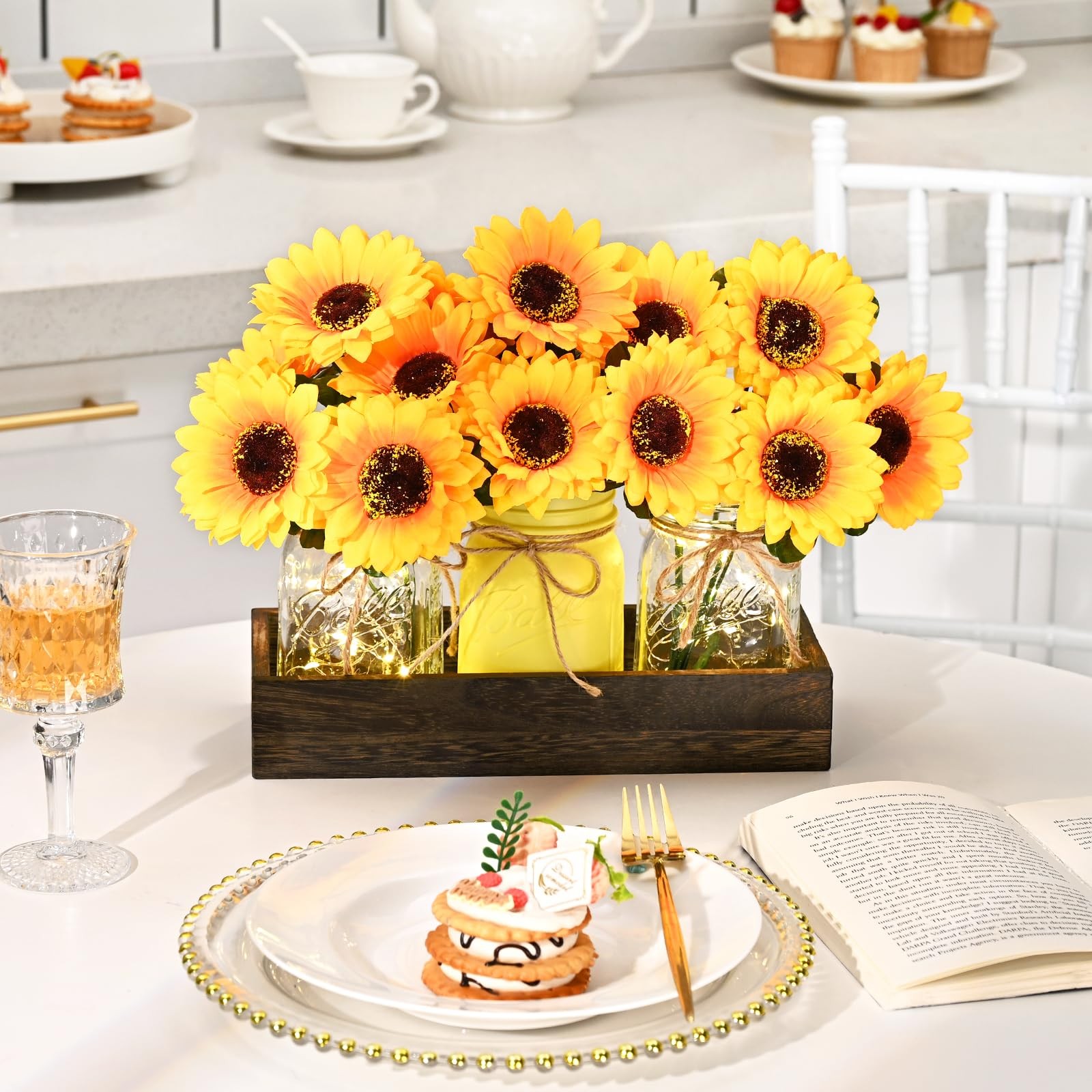 Centerpiece Table Decorations – 3Pcs Sunflowers Artificial Flowers in Mason Jars