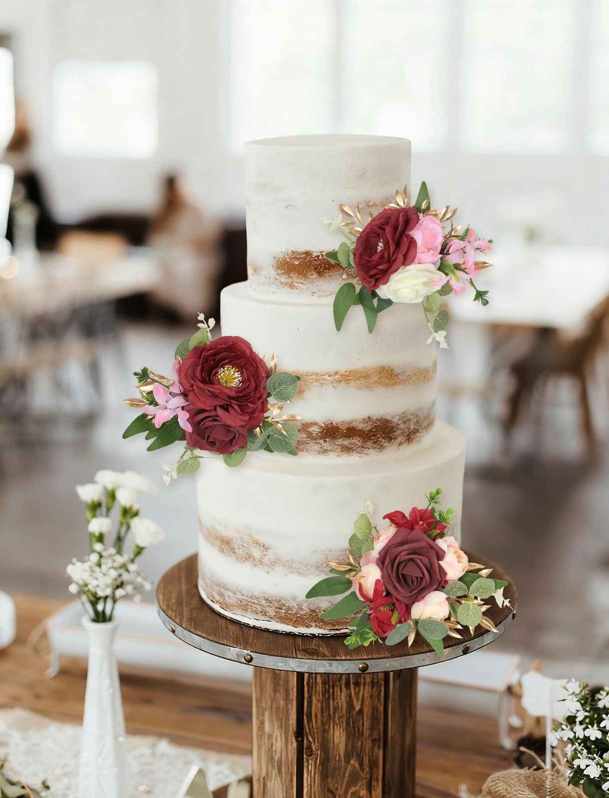 3PCS Wedding Cake Toppers Burgundy Flowers Artificial Cake Flowers for Weddin…