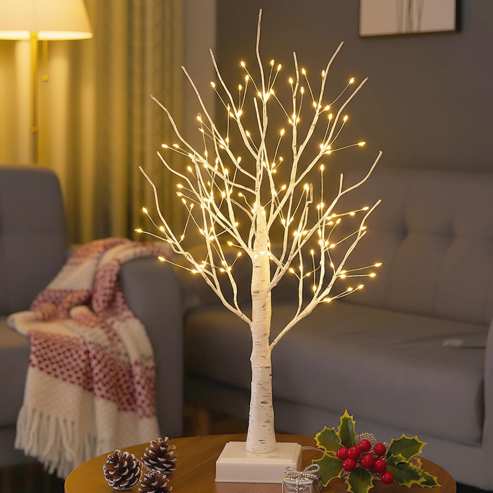 Small Lighted 2FT Birch Tree 144 LED Warm White Tabletop Lamp Timer Xmas Decor