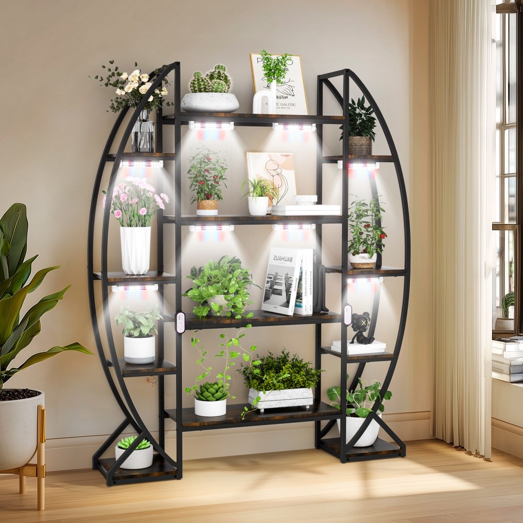 Heavy Duty Plant Stand with Grow Lightstall LED Half-moon Storage Display Shelf