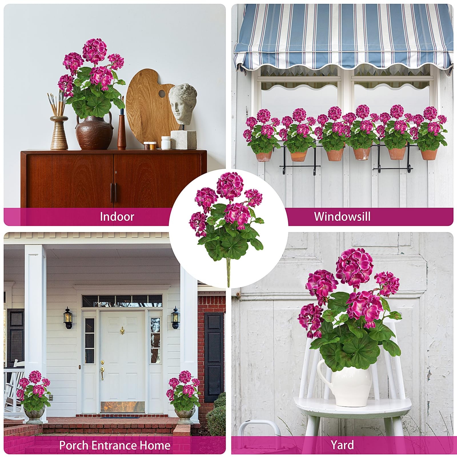 2 PCS 18″ Artificial Geraniums for Outdoors, UV Resistant Magenta Silk Flower…