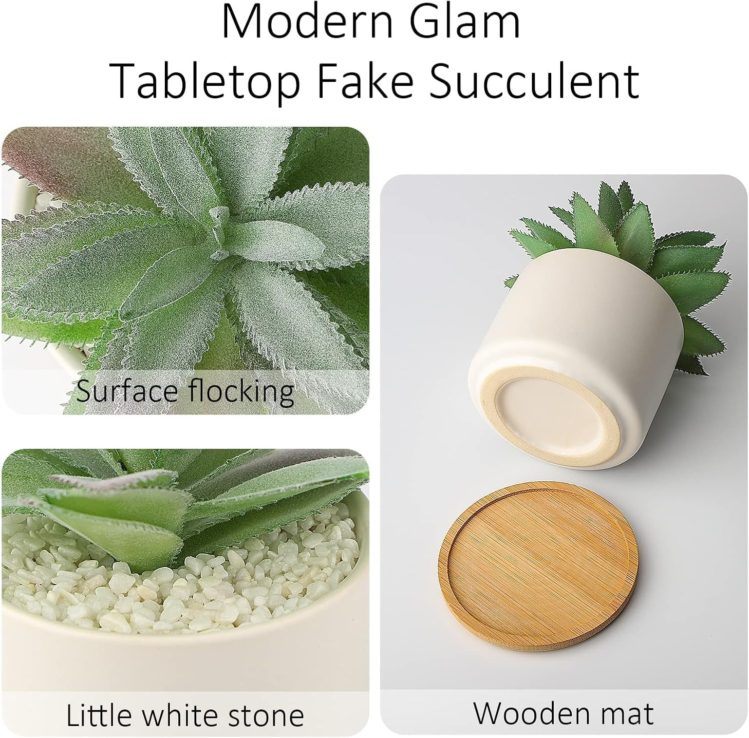 Set of 2 Faux Agave Succulents in Ceramic Pots with Bamboo Tray for Home Decor