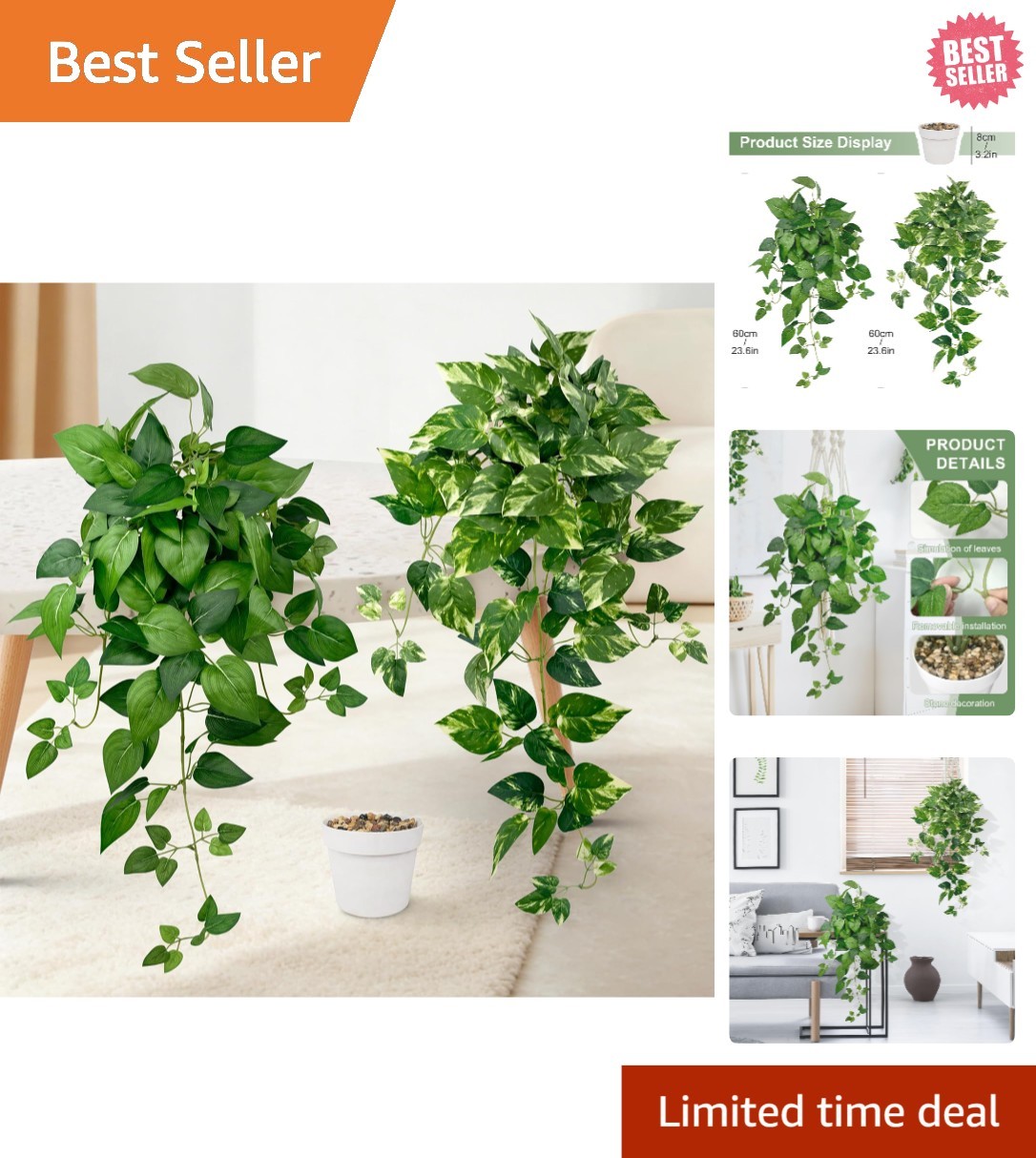 Stunning 23.6” Artificial Hanging Plants – Perfect for Home and Office Decor