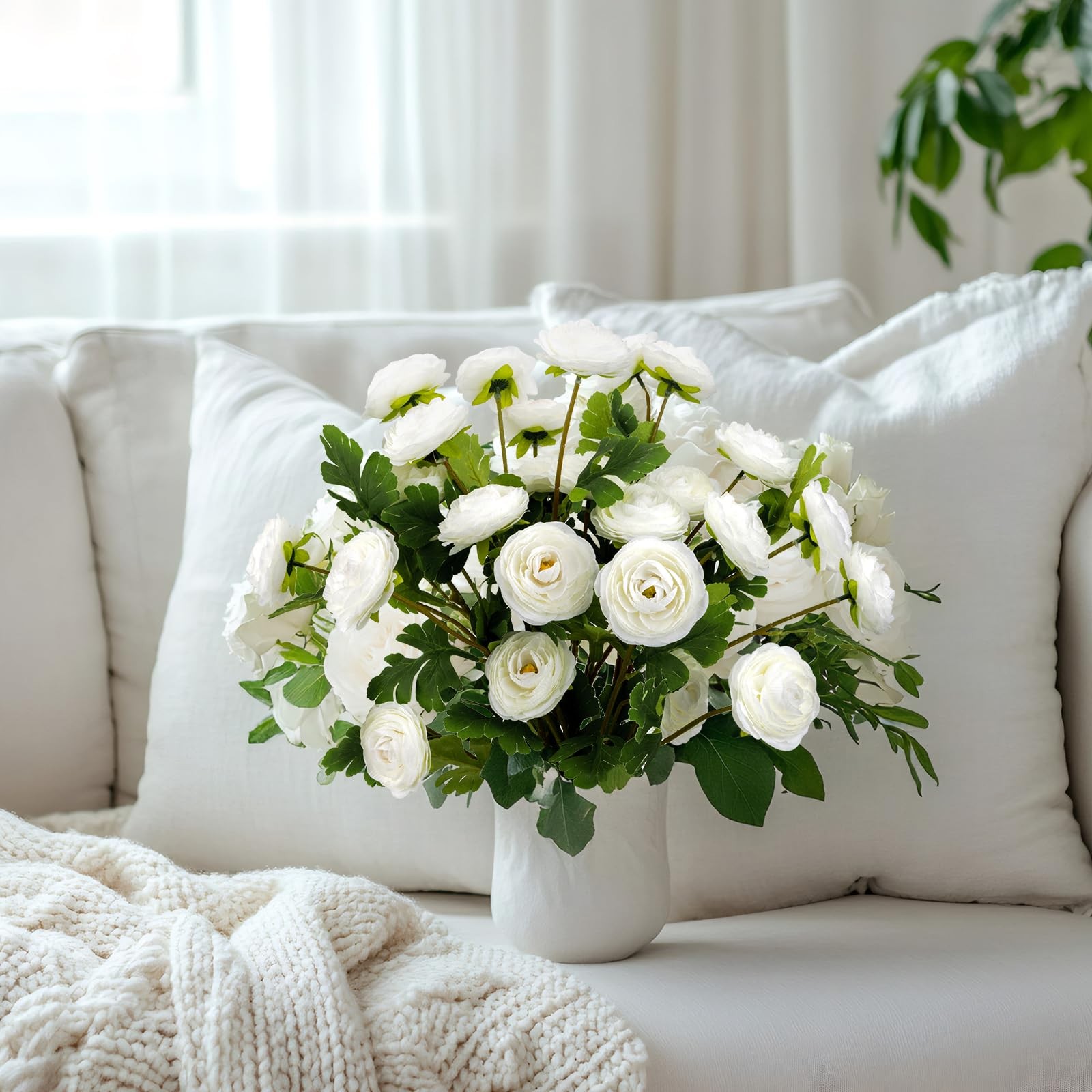 6 Pcs 27.5 Inch Ranunculus Artificial Flowers 18 Head White Faux Silk Decor