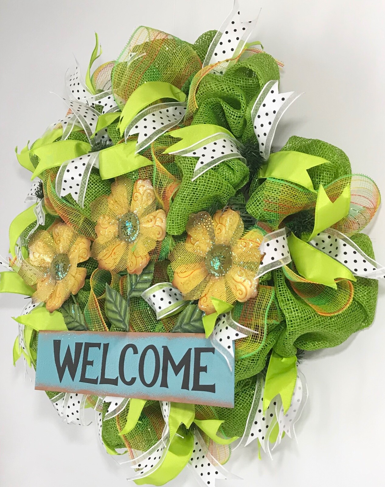 SUMMER WREATH GREEN DECO MESH YELLOW DAISY FLOWERS METAL WELCOME SIGN RIBBONS