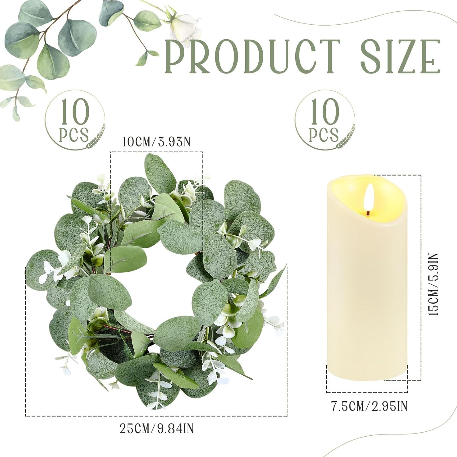 10 Set Eucalyptus Candle Rings with Flameless LED Pillar Candle Holders