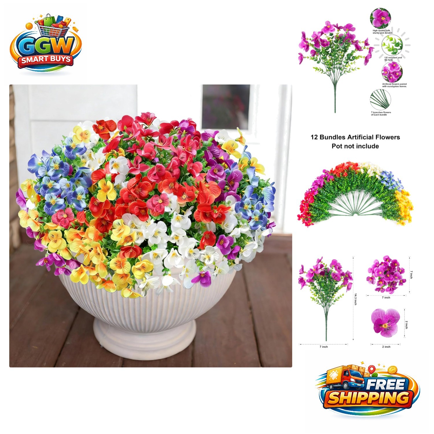 Artificial Pansy Flowers with Eucalyptus—Perfect for Gardens & Porches, 12 Count