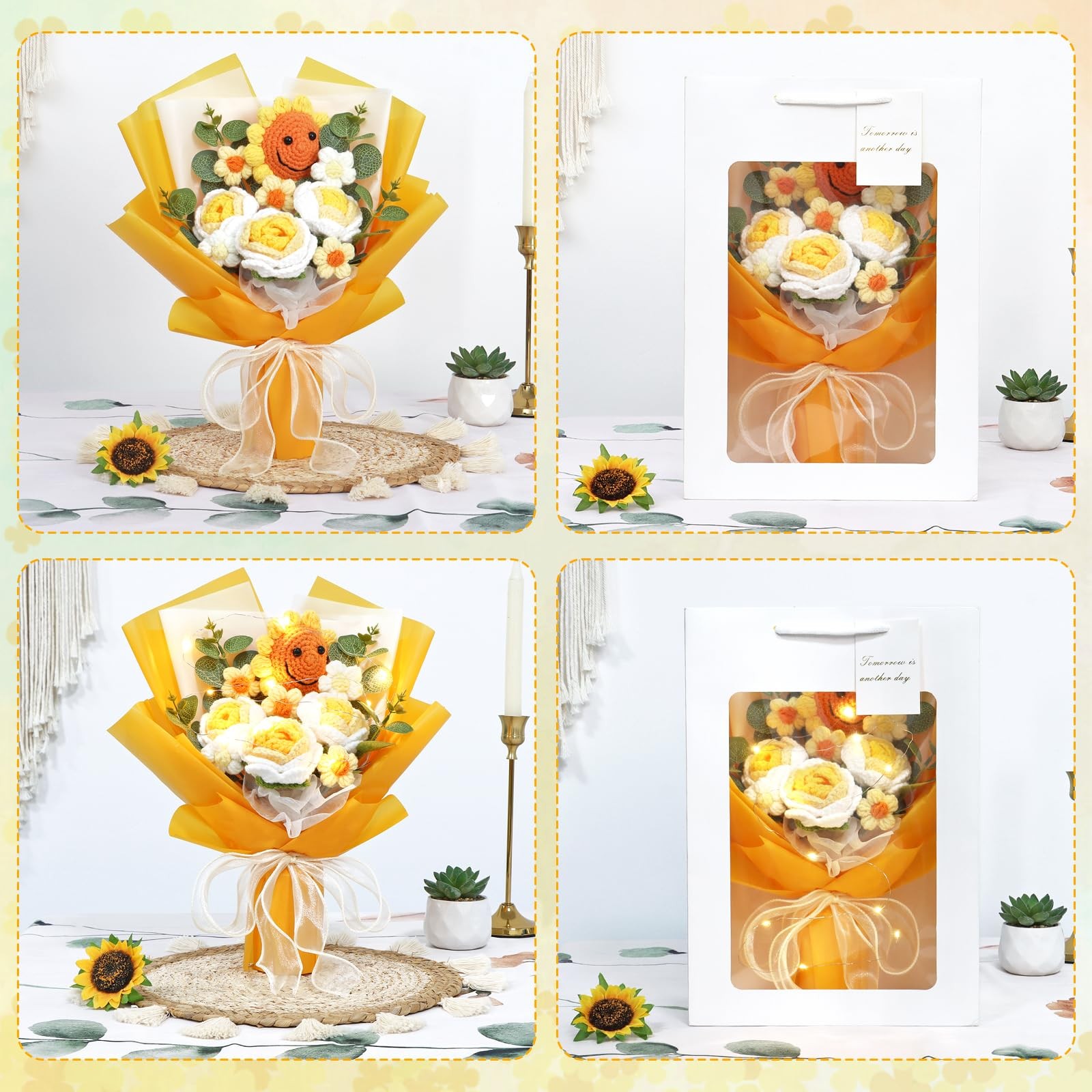 Yellow Crochet Flower Bouquet Artificial Sunflower Finished Handmade Knitted …