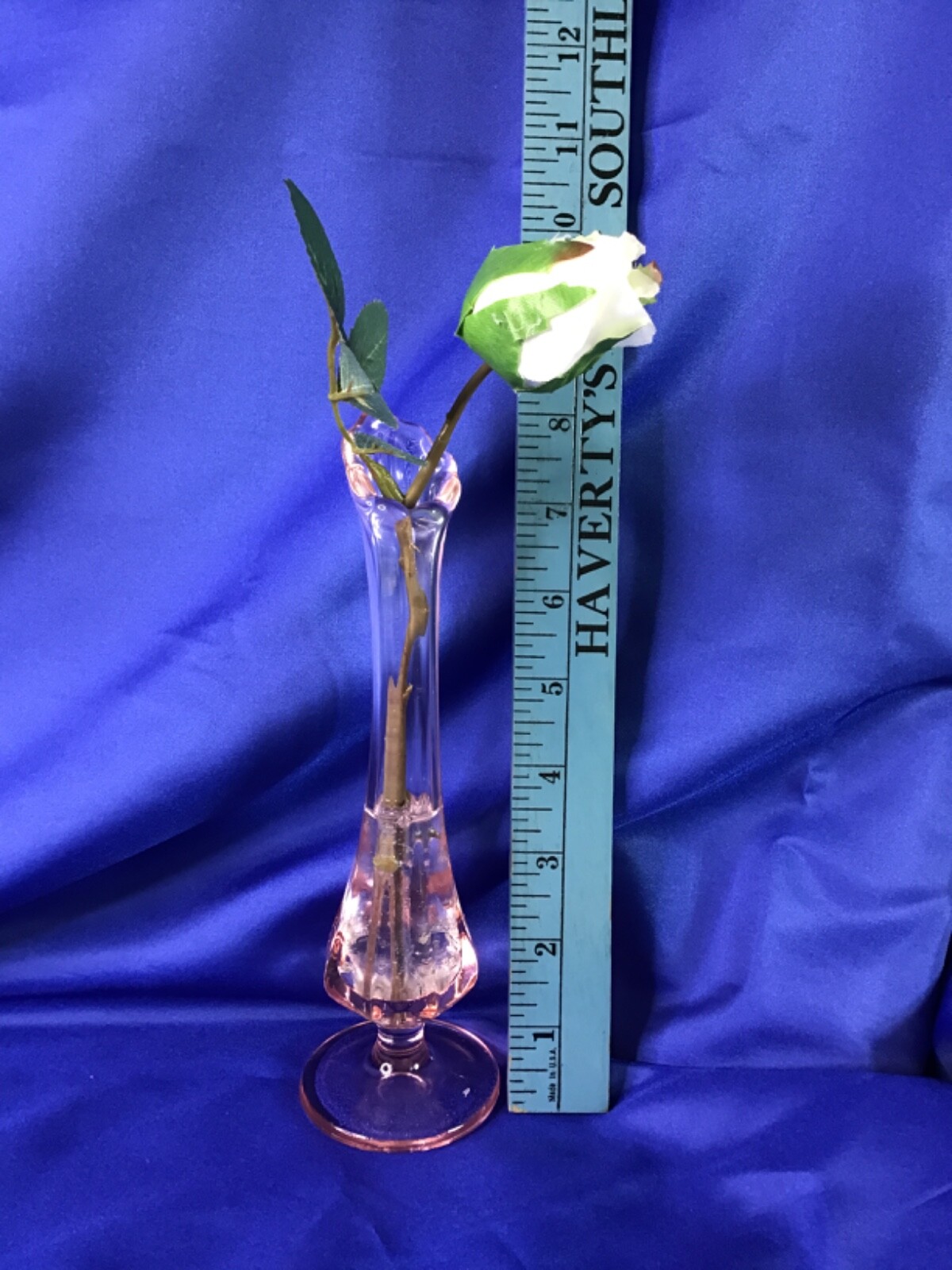 Vintage Pink Vase with White Rose Bud Flower Arrangement in Faux Water