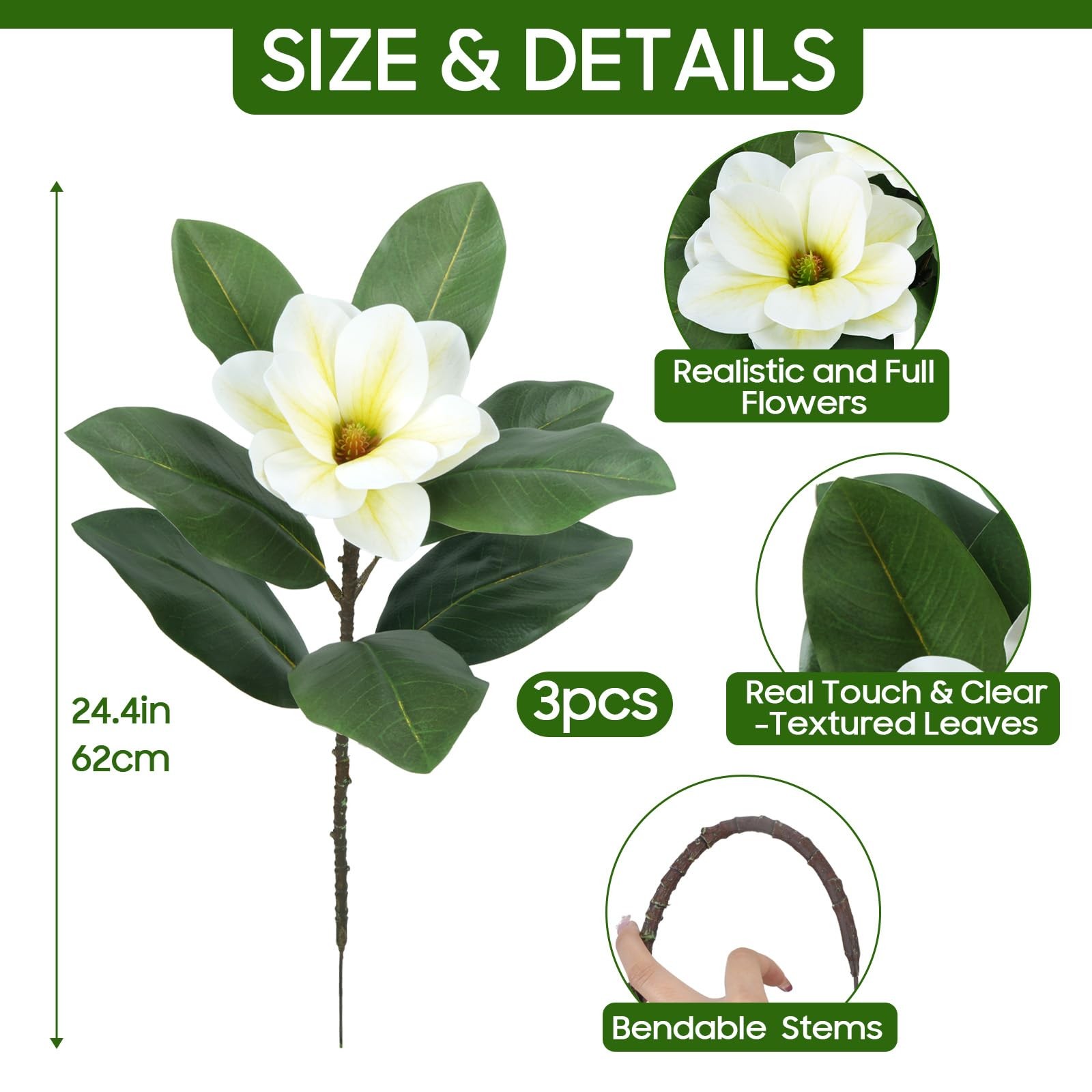 3 PCS Artificial Magnolia Flowers Realistic 24.4″ Long Faux Magnolia Stems wi…