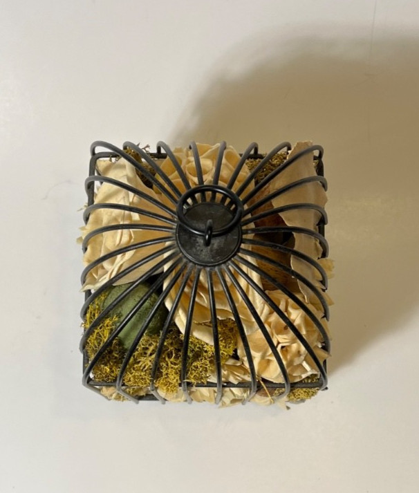 Wrought Black Rim Wire Hanging Dried Beige Floral Flower Arrangements BIRD CAGE